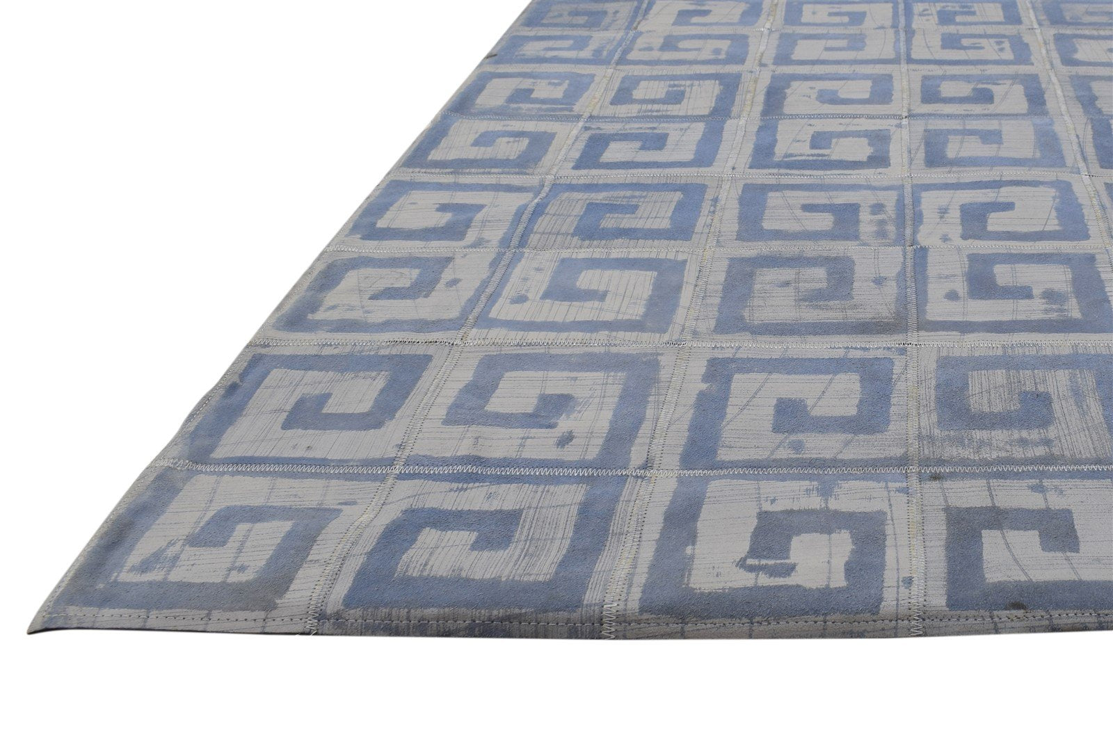 Blue Leather / Cotton Rug 8X10 Modern Hand Woven Moroccan Geometric Large Carpet 