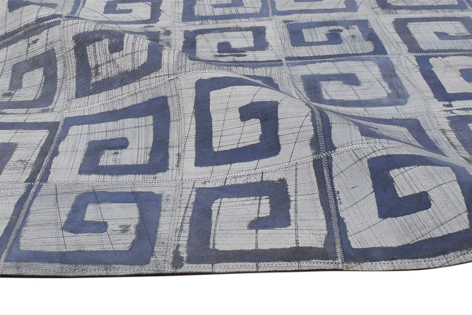 Blue Leather Rug 5' X 8' Modern Hand Woven Moroccan Geometric Room Size Carpet 