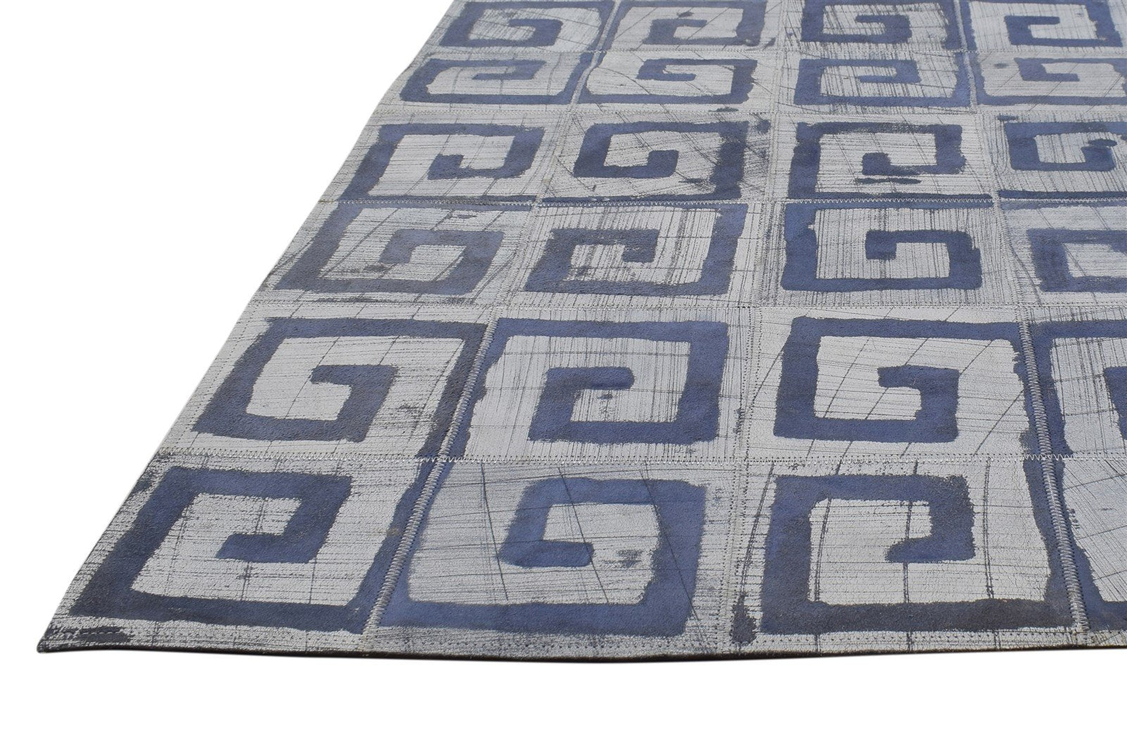 Blue Leather Rug 5' X 8' Modern Hand Woven Moroccan Geometric Room Size Carpet 