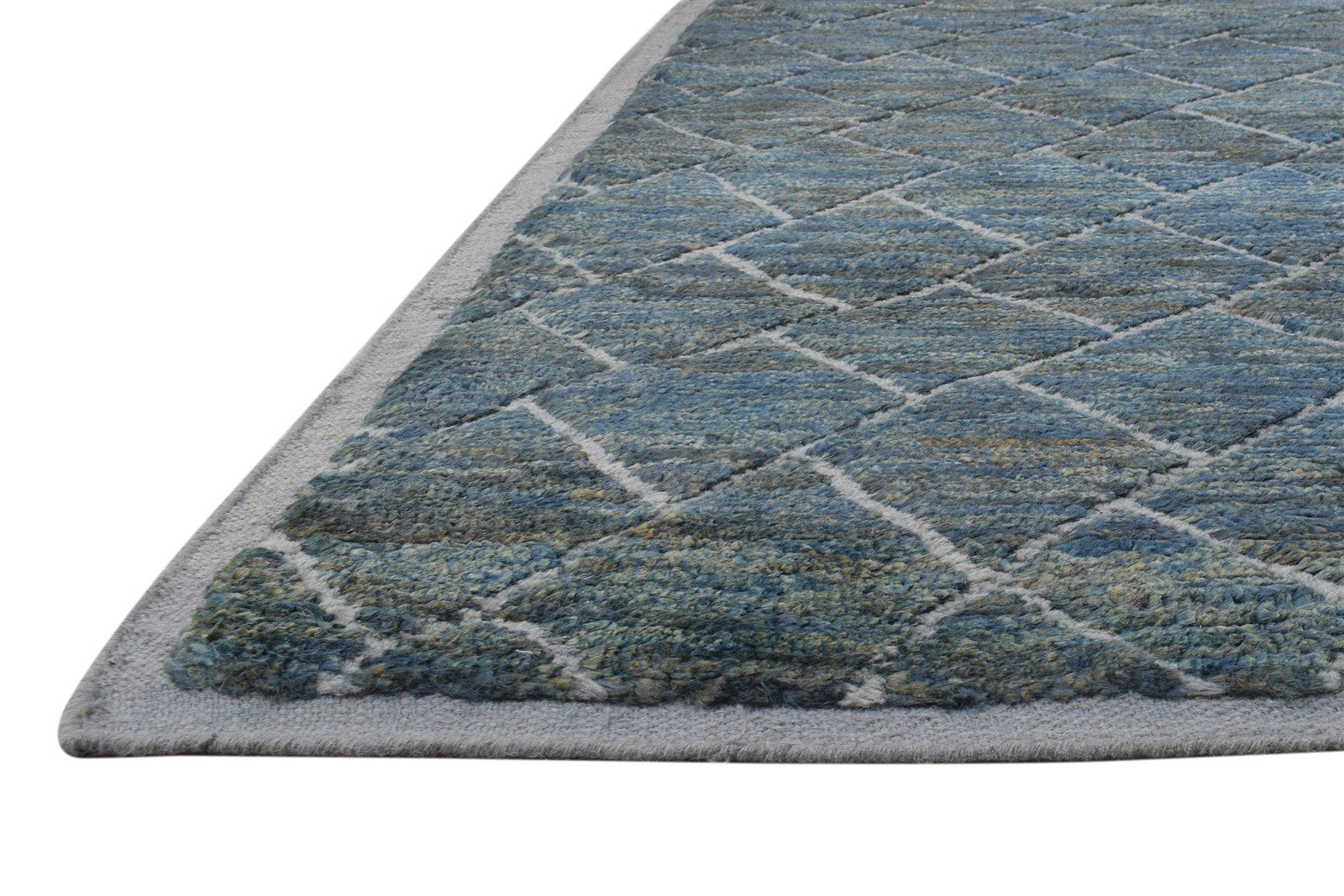 Wool / Jute Blue Rug 8' X 10' Modern Hand Knotted Moroccan Trellis Large Carpet 