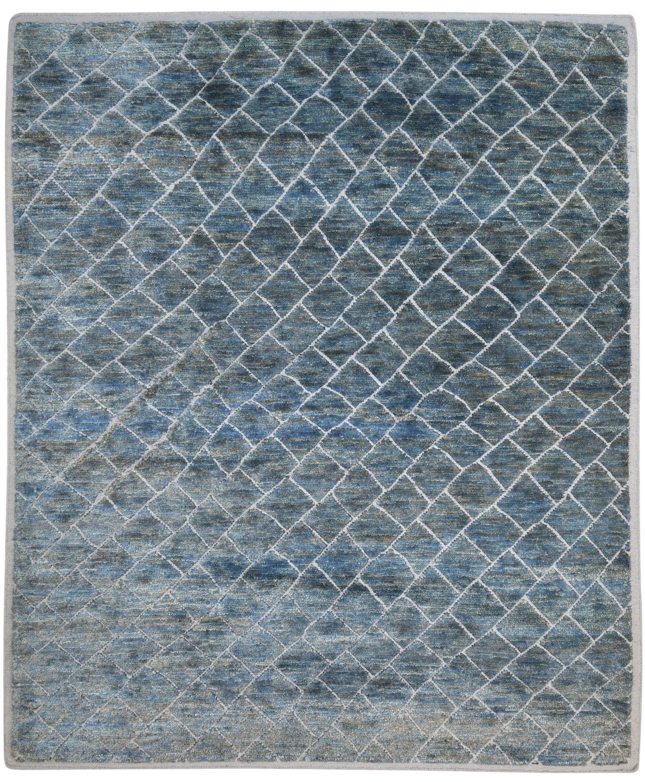 Wool / Jute Blue Rug 8' X 10' Modern Hand Knotted Moroccan Trellis Large Carpet 