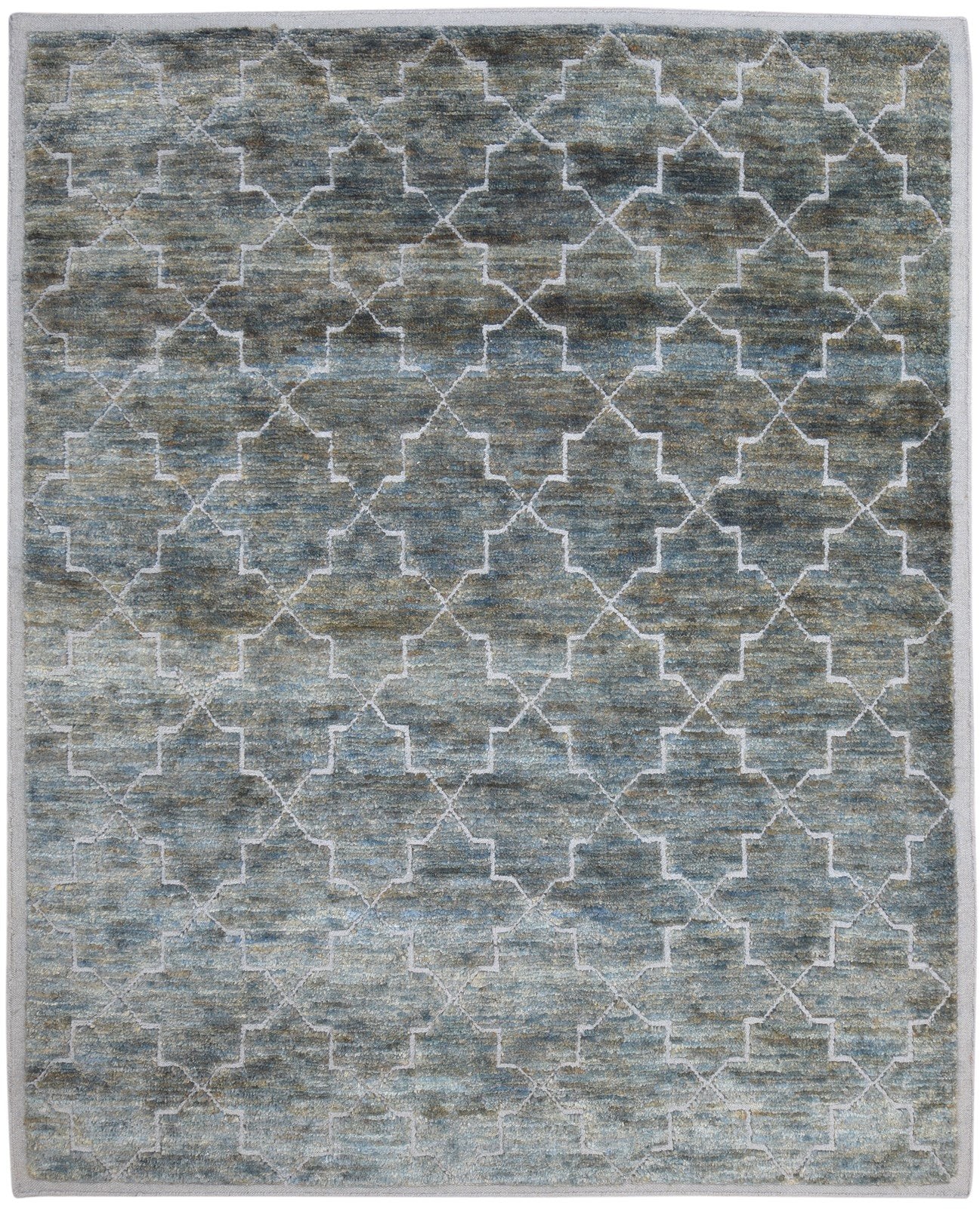 Hand Knotted Green Wool / Jute Rug 8' X 10' Modern Moroccan Trellis Large Carpet 