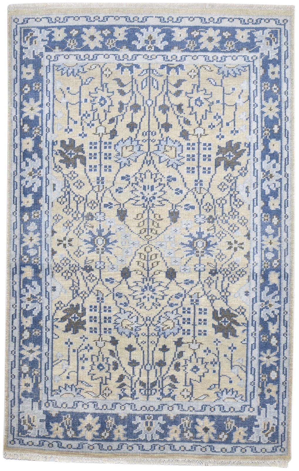 5X8 Rug Wool / Silk Blue Persian Hand Knotted Sarouk-Indian Oriental Room Size 