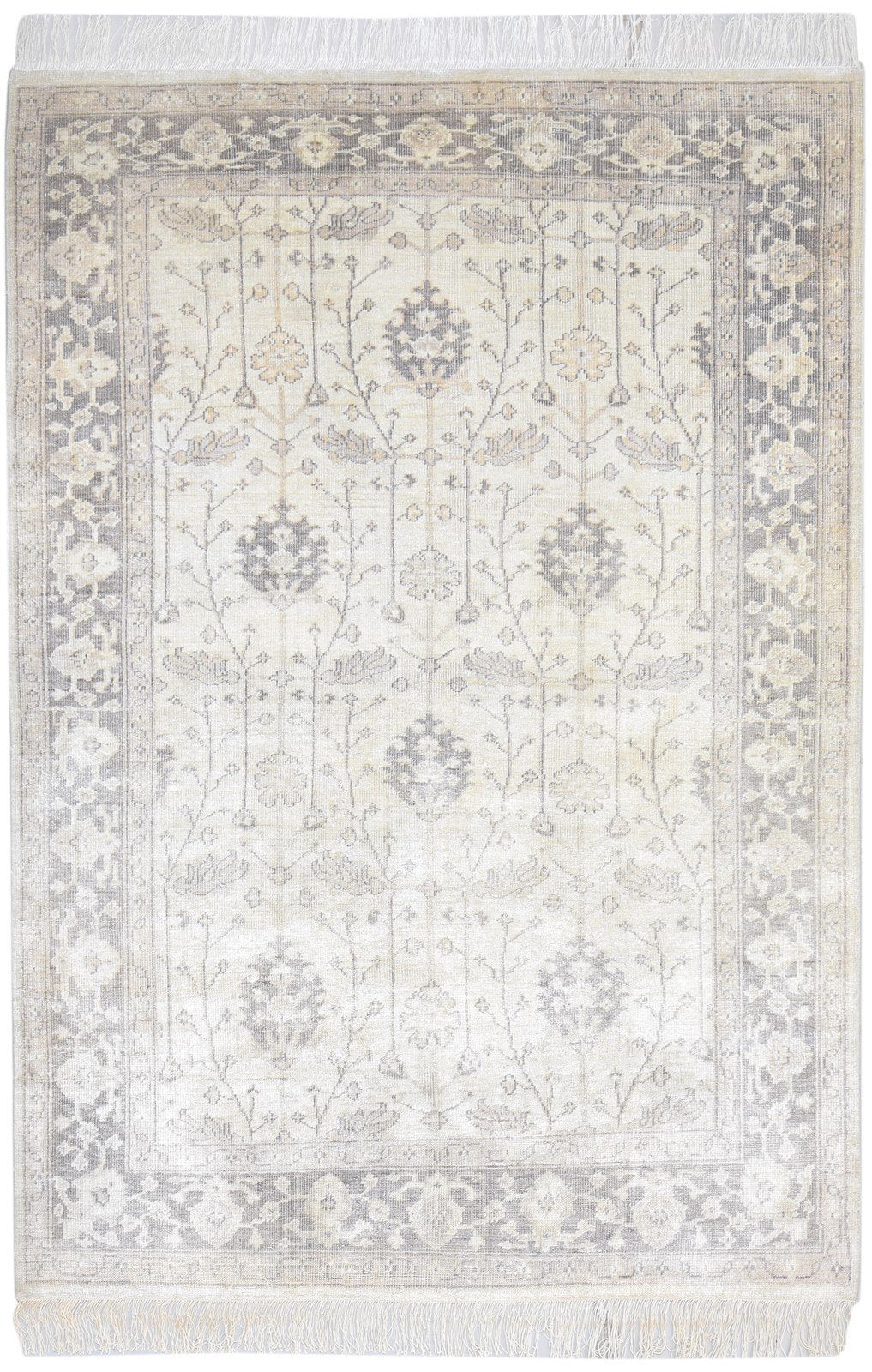 Silk Ivory Rug 6X8 Persian Hand Knotted Sarouk-Indian Oriental Room Size Carpet 