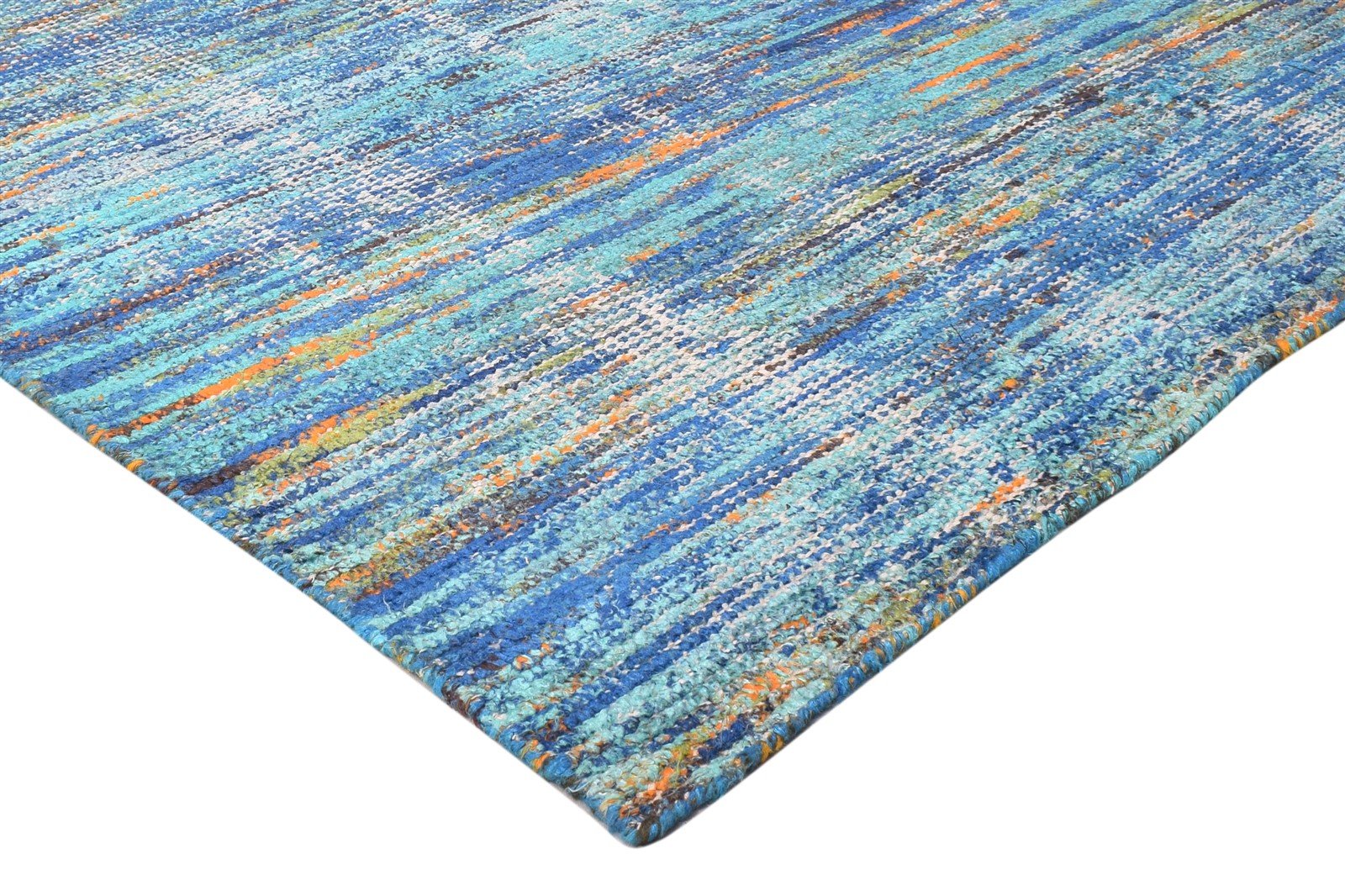 Hand Woven Blue Rayon From Bamboo Rug 7X11 Modern Bohemian Striped Large Carpet 