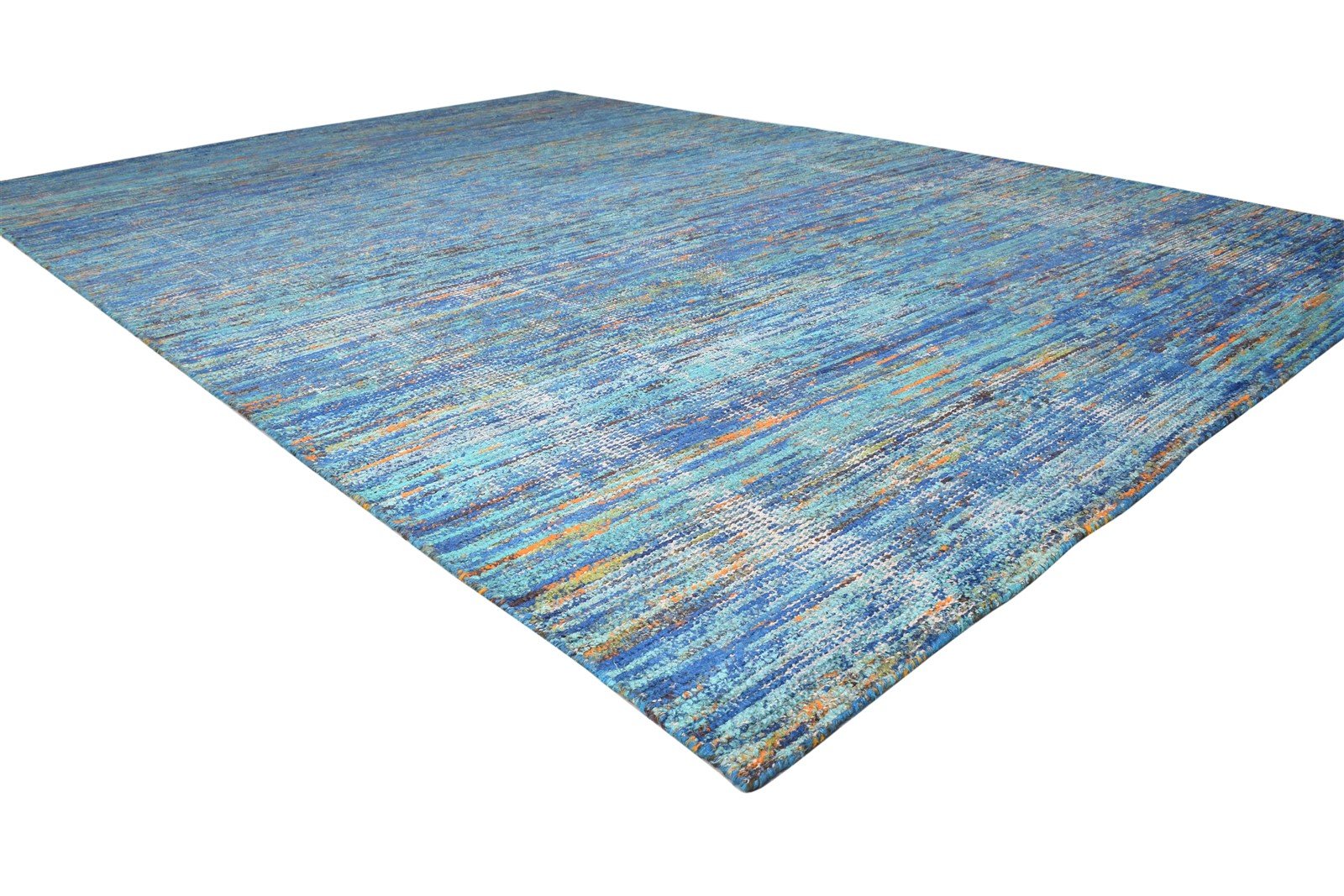 Hand Woven Blue Rayon From Bamboo Rug 7X11 Modern Bohemian Striped Large Carpet 