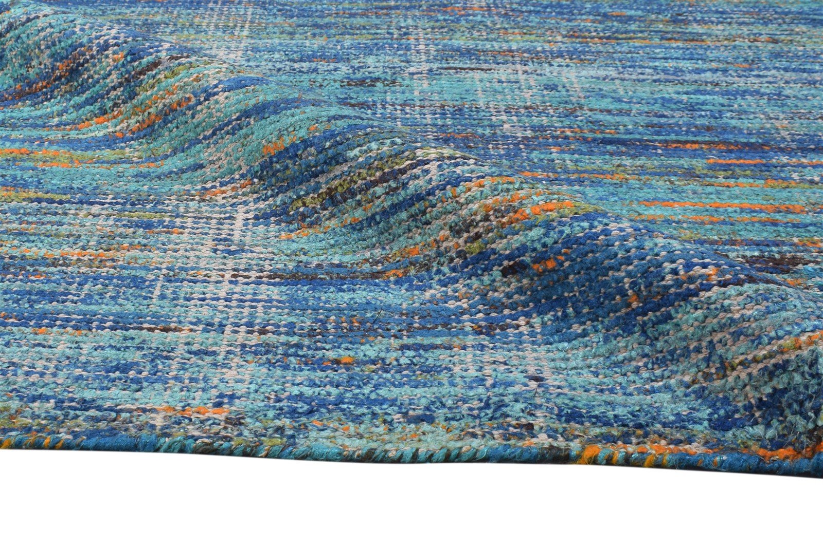 Hand Woven Blue Rayon From Bamboo Rug 7X11 Modern Bohemian Striped Large Carpet 