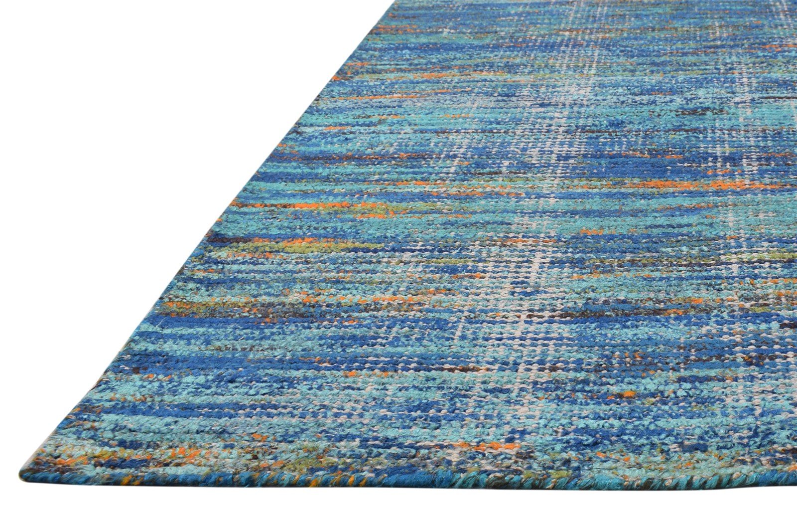 Hand Woven Blue Rayon From Bamboo Rug 7X11 Modern Bohemian Striped Large Carpet 