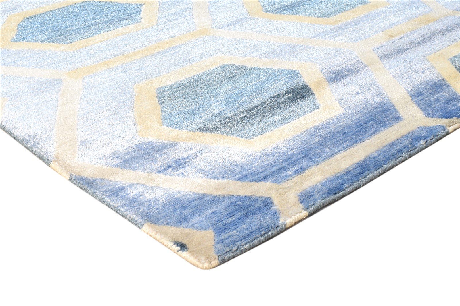 Wool / Silk Blue Rug 8X10 Modern Hand Woven Scandinavian Honeycomb Large Carpet 