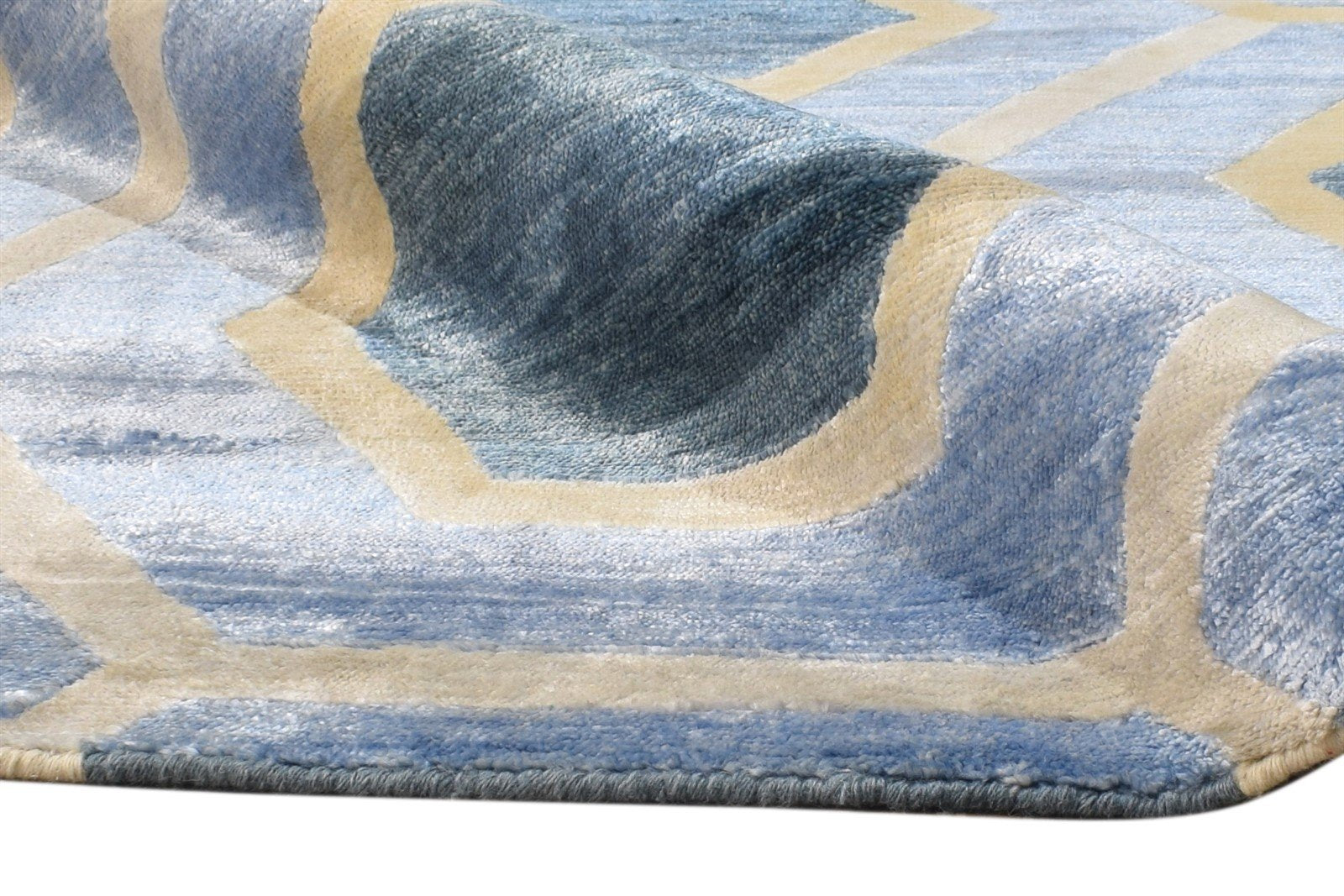 Wool / Silk Blue Rug 8X10 Modern Hand Woven Scandinavian Honeycomb Large Carpet 