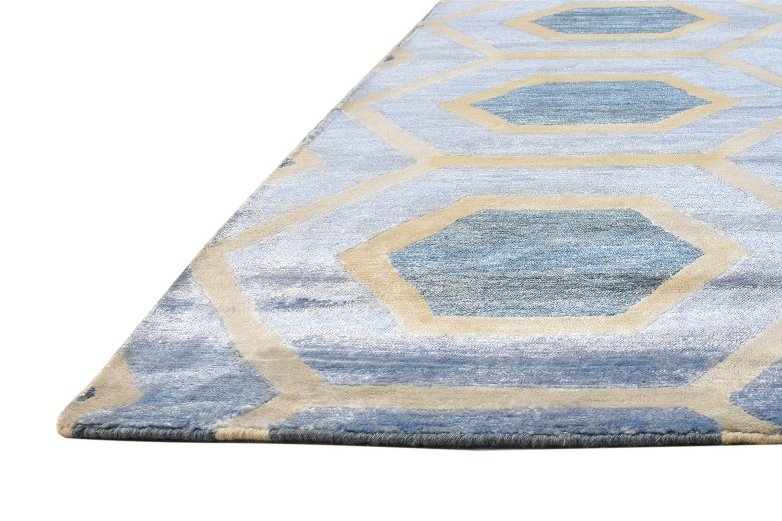 Wool / Silk Blue Rug 8X10 Modern Hand Woven Scandinavian Honeycomb Large Carpet 