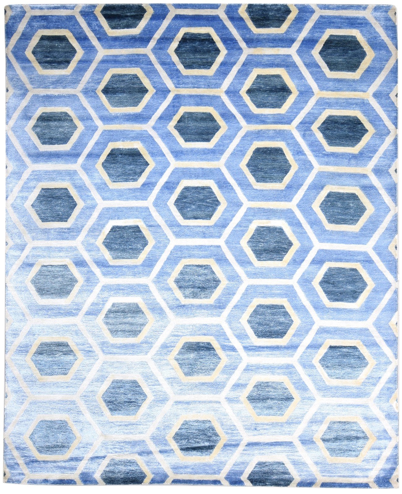 Wool / Silk Blue Rug 8X10 Modern Hand Woven Scandinavian Honeycomb Large Carpet 