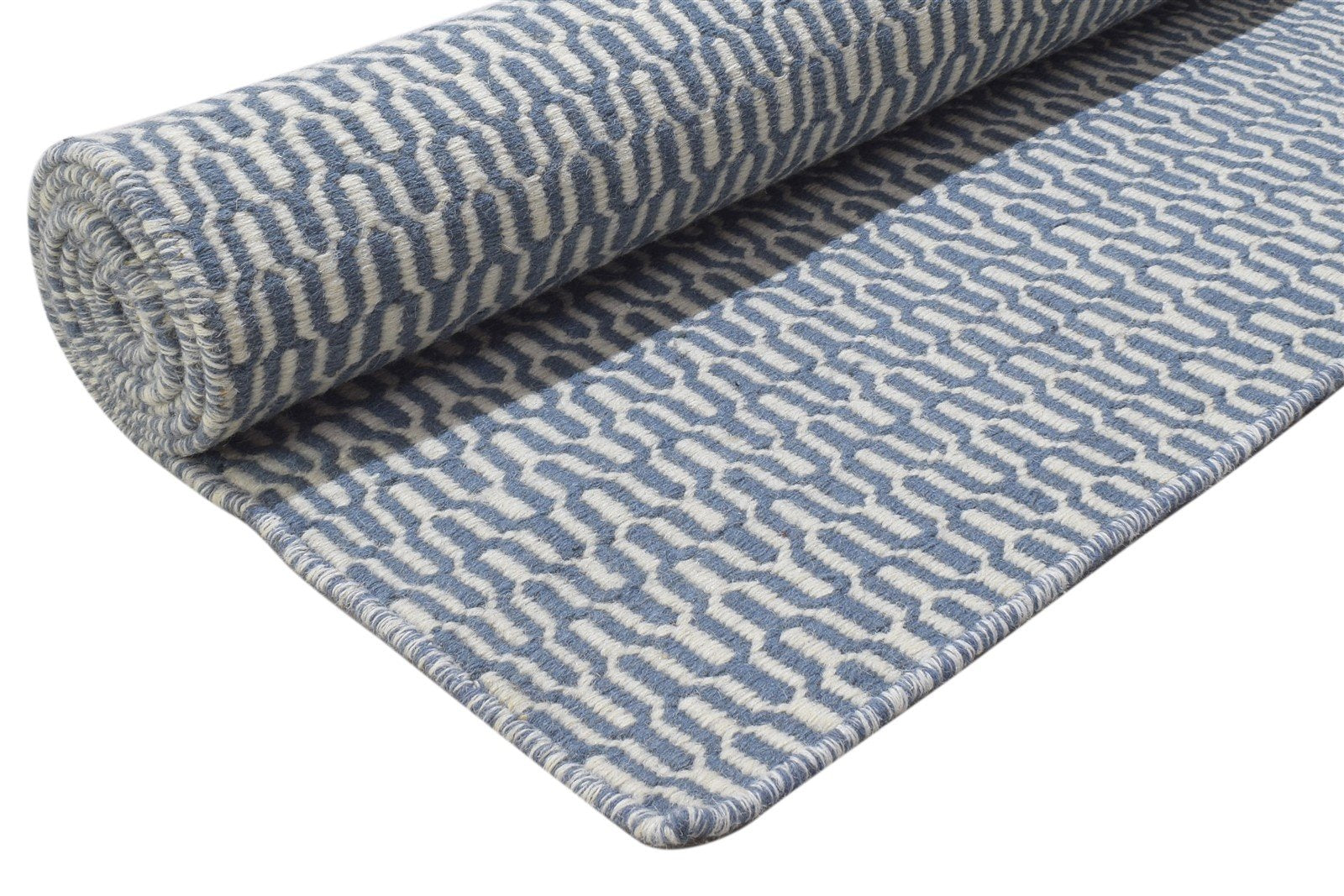 Flatweave Blue Wool Rug 6' X 9' Modern Scandinavian Chevron Large Carpet 