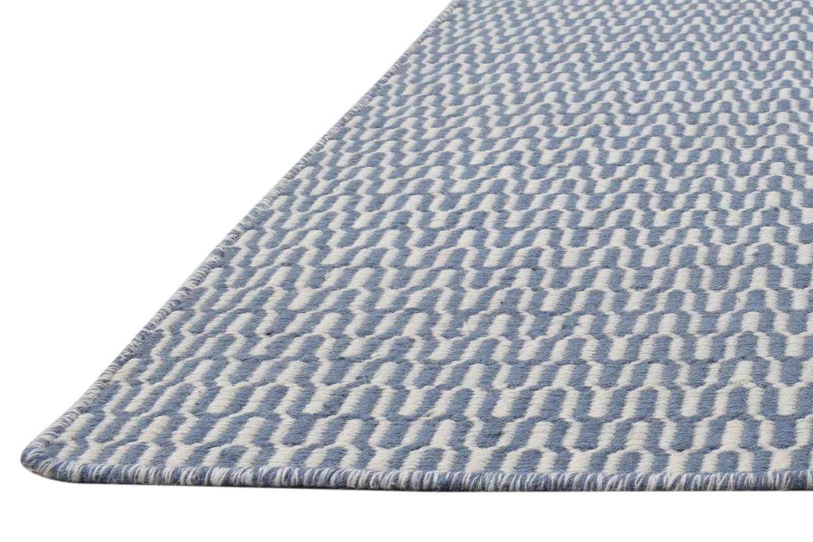 Flatweave Blue Wool Rug 6' X 9' Modern Scandinavian Chevron Large Carpet 