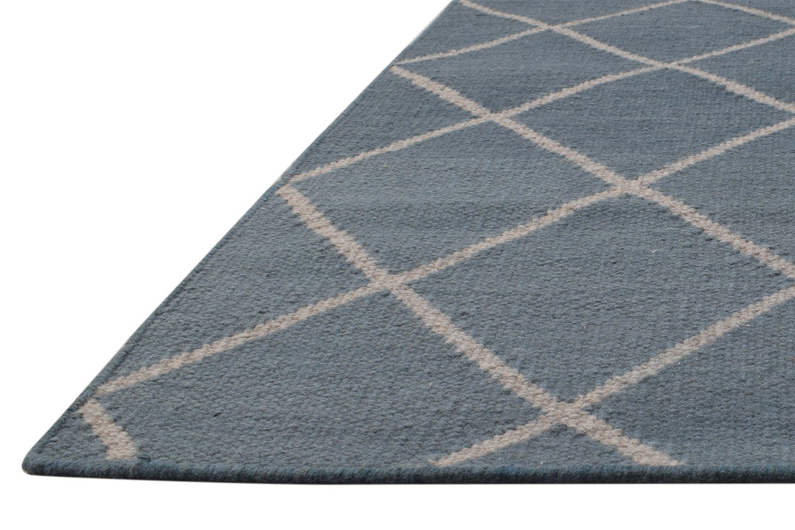 Dhurrie Blue Wool Rug 6' X 7' Modern Moroccan Diamond Large Carpet 