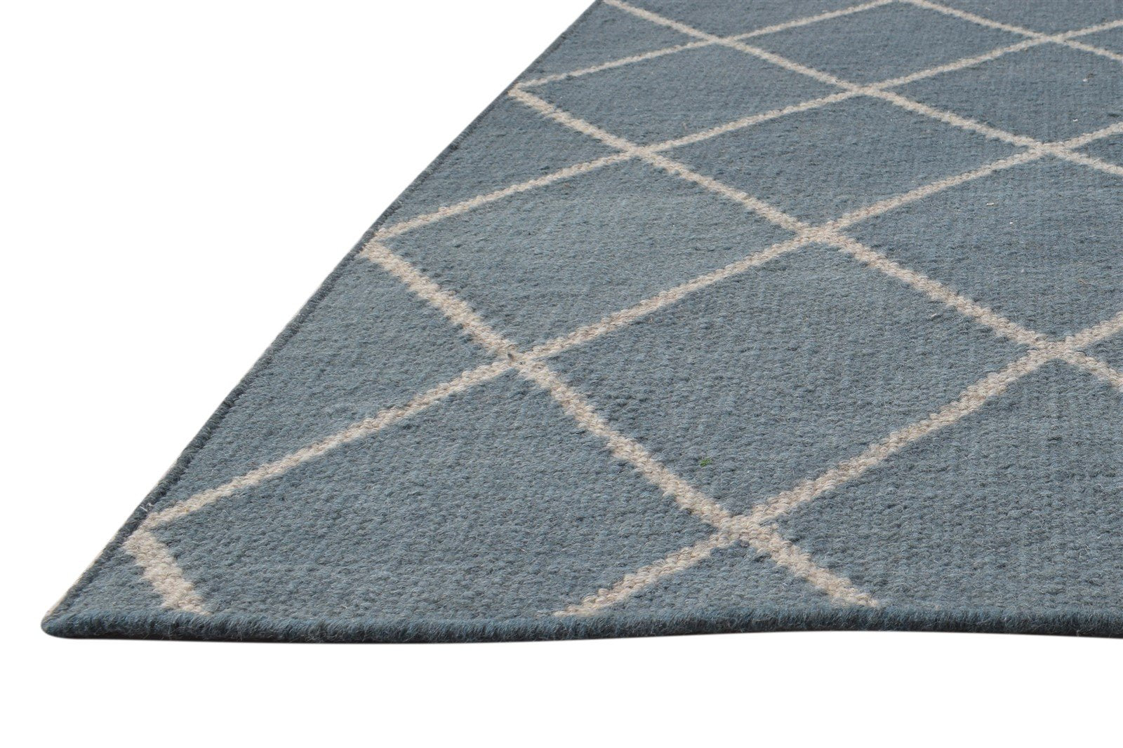 Blue Wool Rug 6' X 7' Modern Dhurrie Moroccan Diamond Large Carpet 