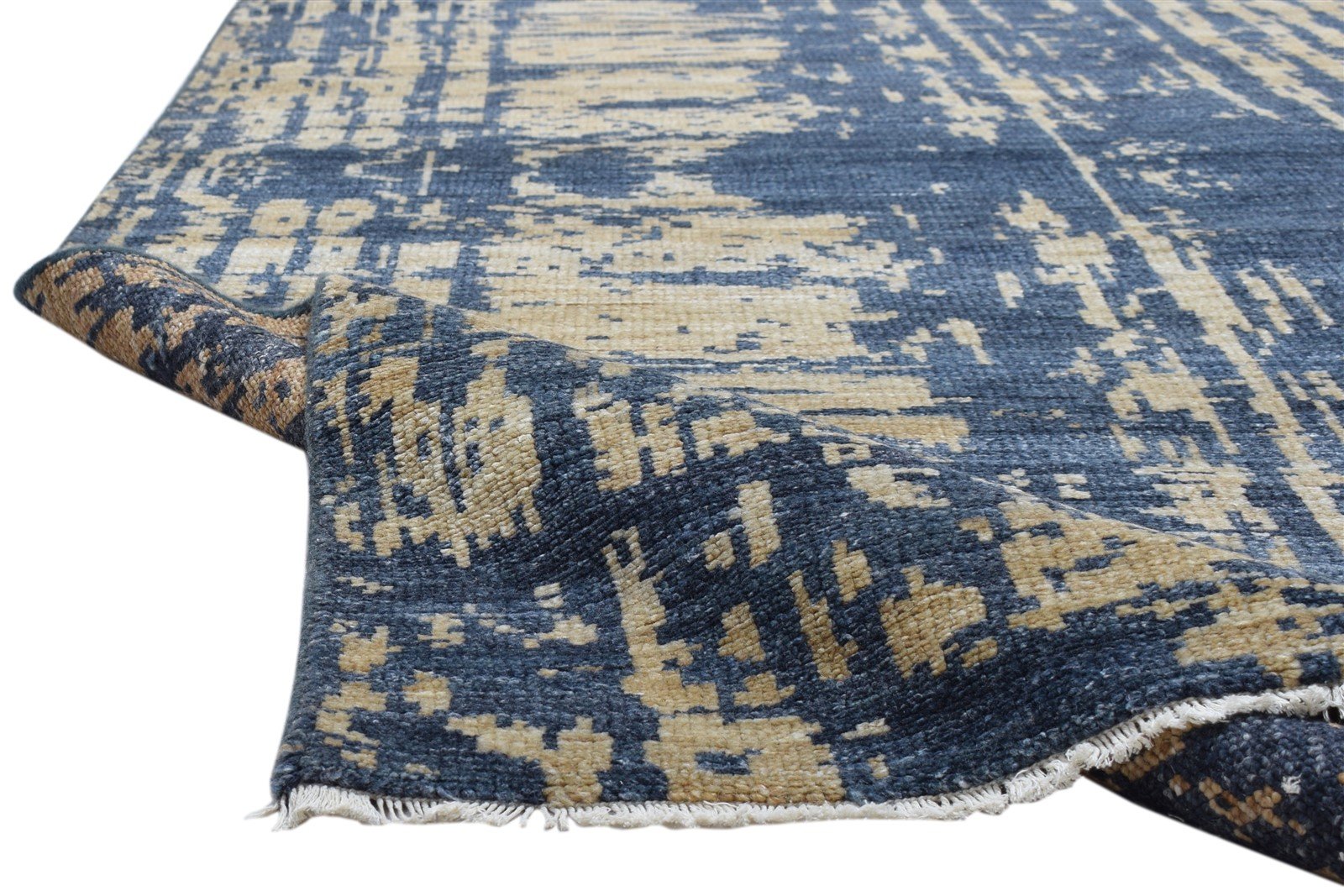 Blue Wool Silk Rug 6' X 9' Modern Hand Knotted Indian Abstract Large Carpet 