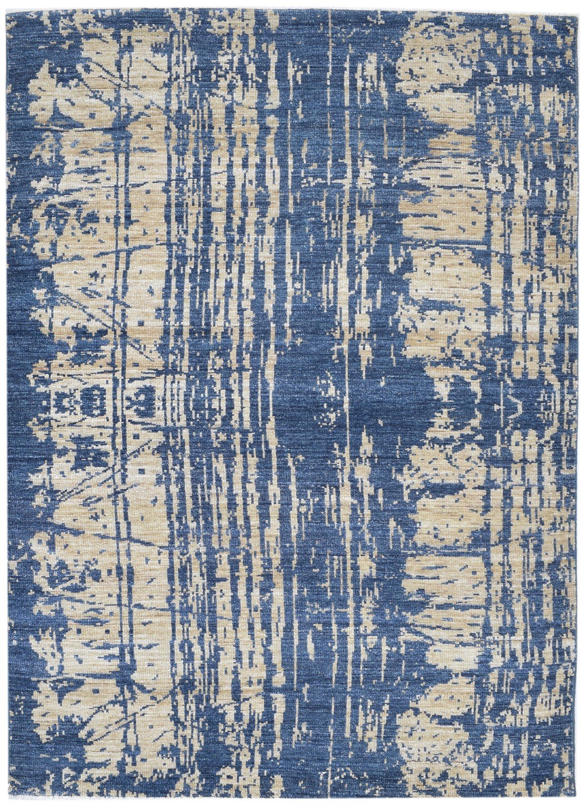 Blue Wool Silk Rug 6' X 9' Modern Hand Knotted Indian Abstract Large Carpet