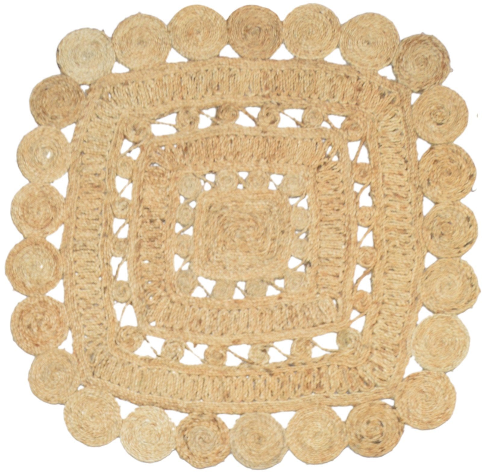 Jute Beige Rug 4' X 4' Modern Hand Woven Scandinavian Circles Room Size Carpet 