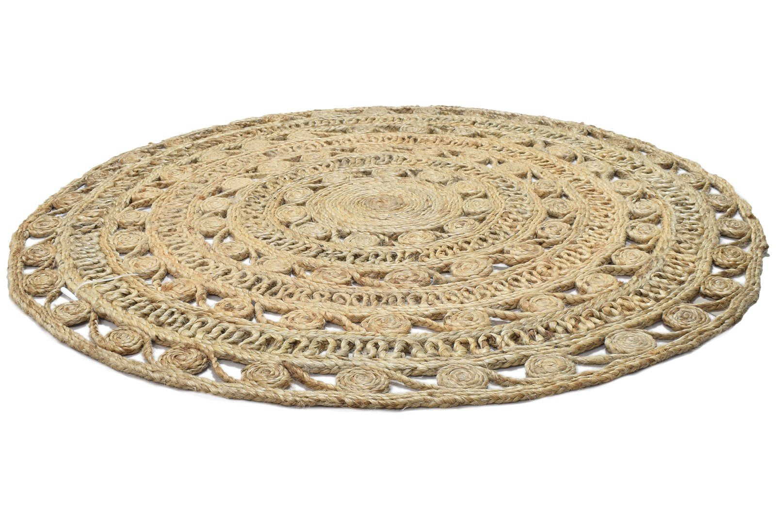 4' X 4' Rug Jute Beige Modern Hand Woven Scandinavian Circles Room Size Round 