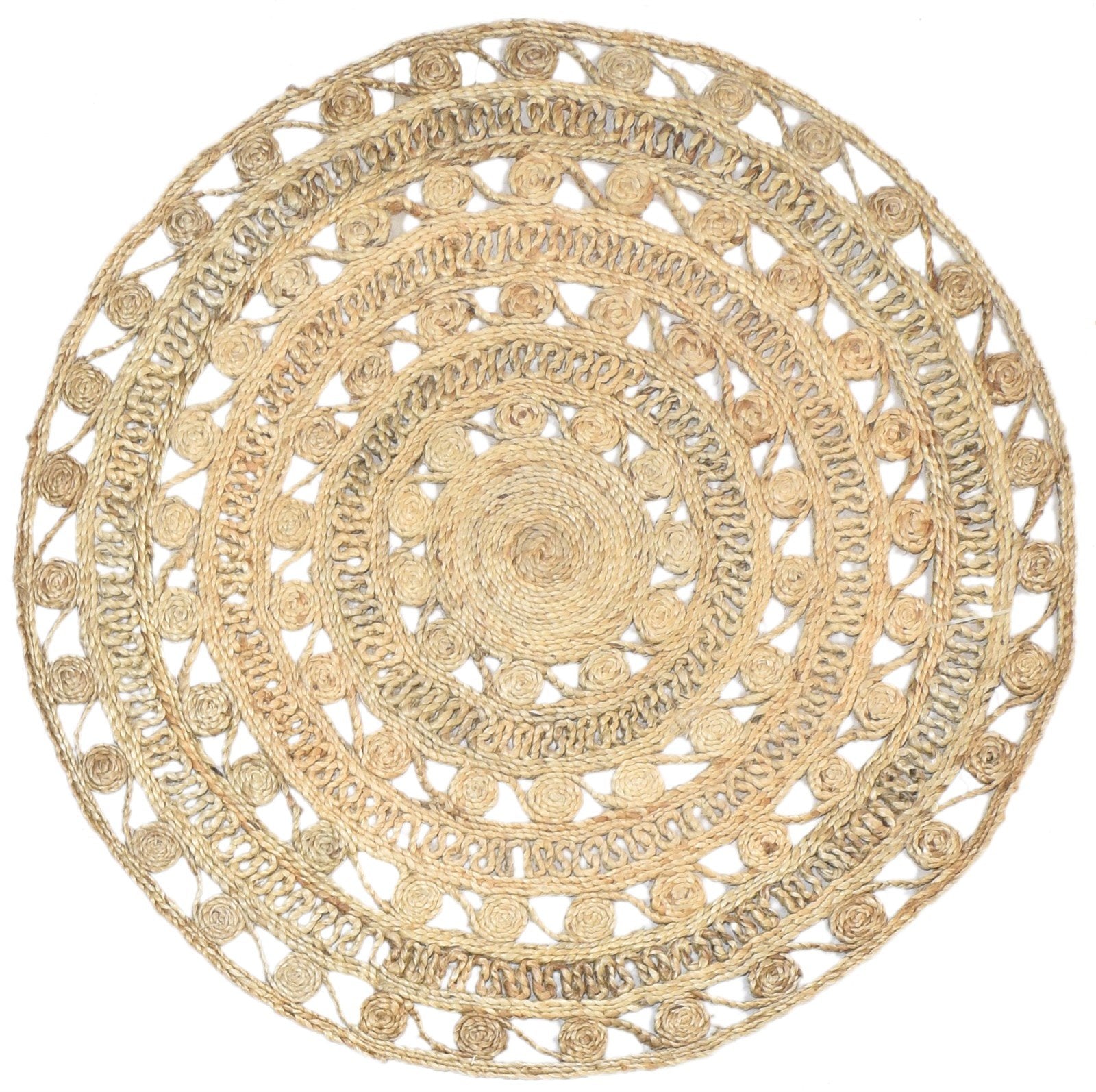 4' X 4' Rug Jute Beige Modern Hand Woven Scandinavian Circles Room Size Round 