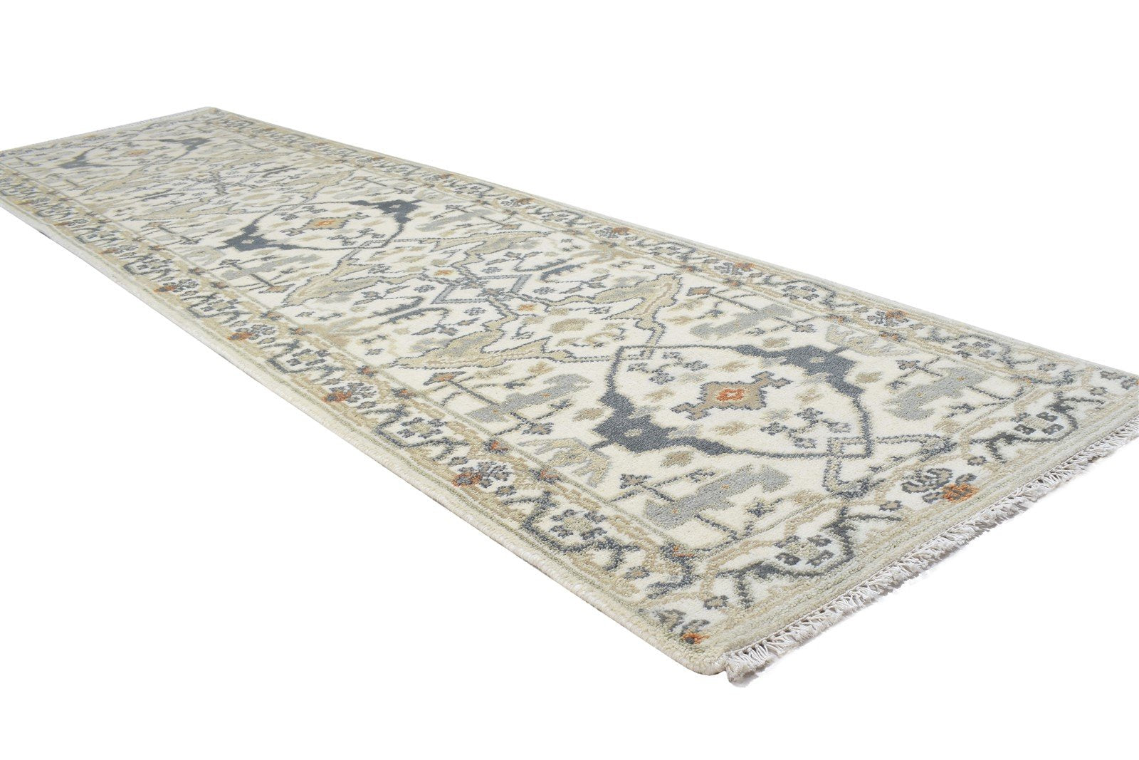 Wool Cream Rug 3' X 10' Persian Hand Knotted Oushak Oriental Small Runner 