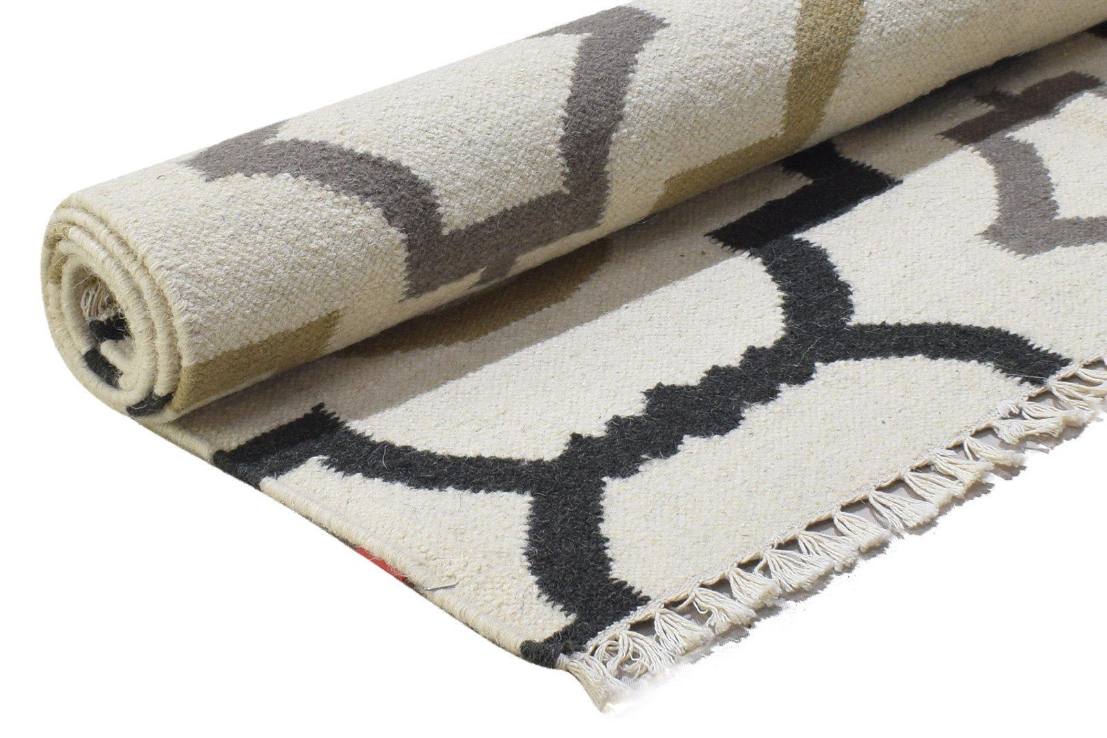 Off-White Wool Rug 4' X 5' Modern Dhurrie Moroccan Scroll Tile Room Size Carpet 