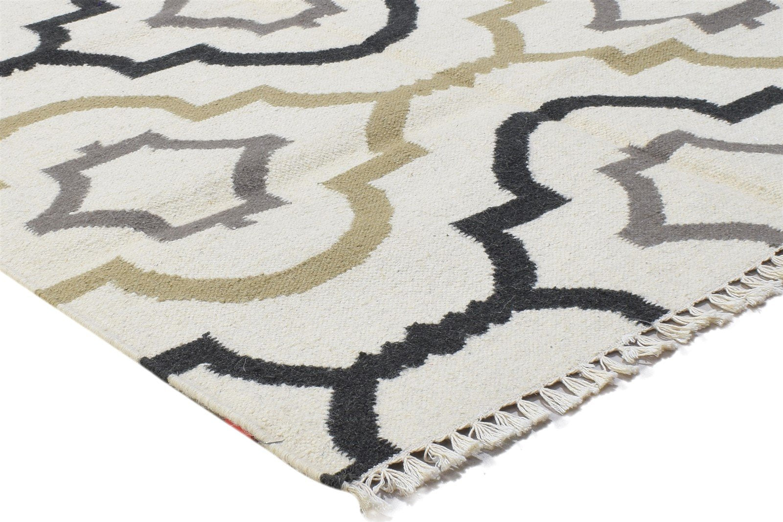 Off-White Wool Rug 4' X 5' Modern Dhurrie Moroccan Scroll Tile Room Size Carpet 