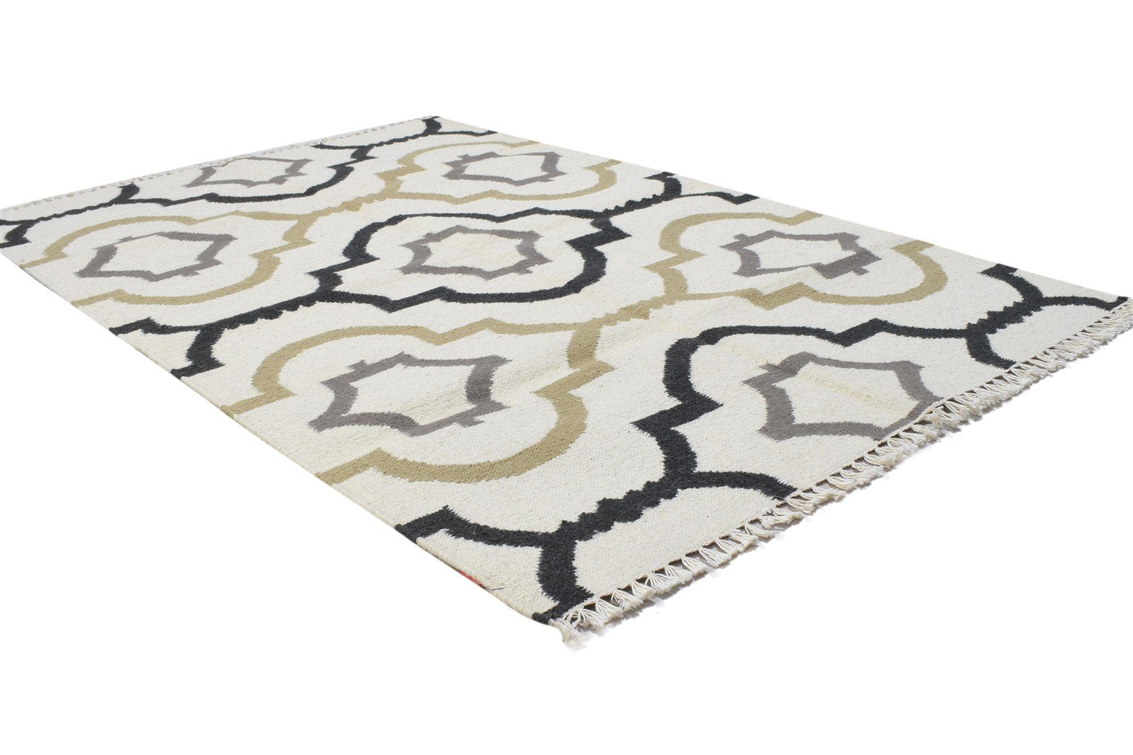 Off-White Wool Rug 4' X 5' Modern Dhurrie Moroccan Scroll Tile Room Size Carpet 