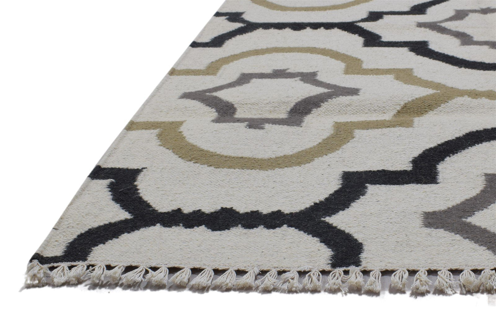 Off-White Wool Rug 4' X 5' Modern Dhurrie Moroccan Scroll Tile Room Size Carpet 