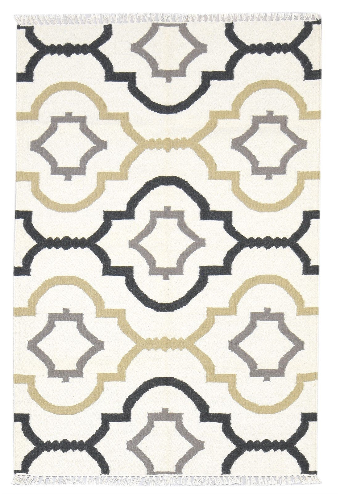 Off-White Wool Rug 4' X 5' Modern Dhurrie Moroccan Scroll Tile Room Size Carpet 