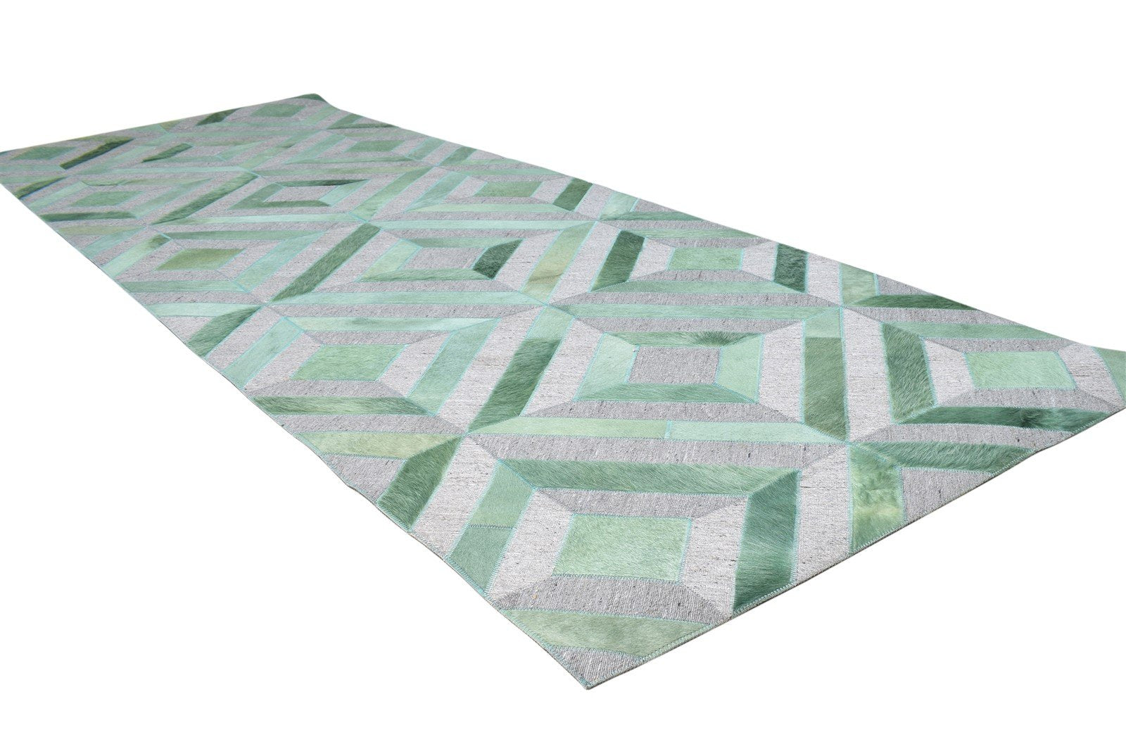 Green Leather / Cotton Rug 3X9 Modern Hand Woven Moroccan Diamond Small Runner 