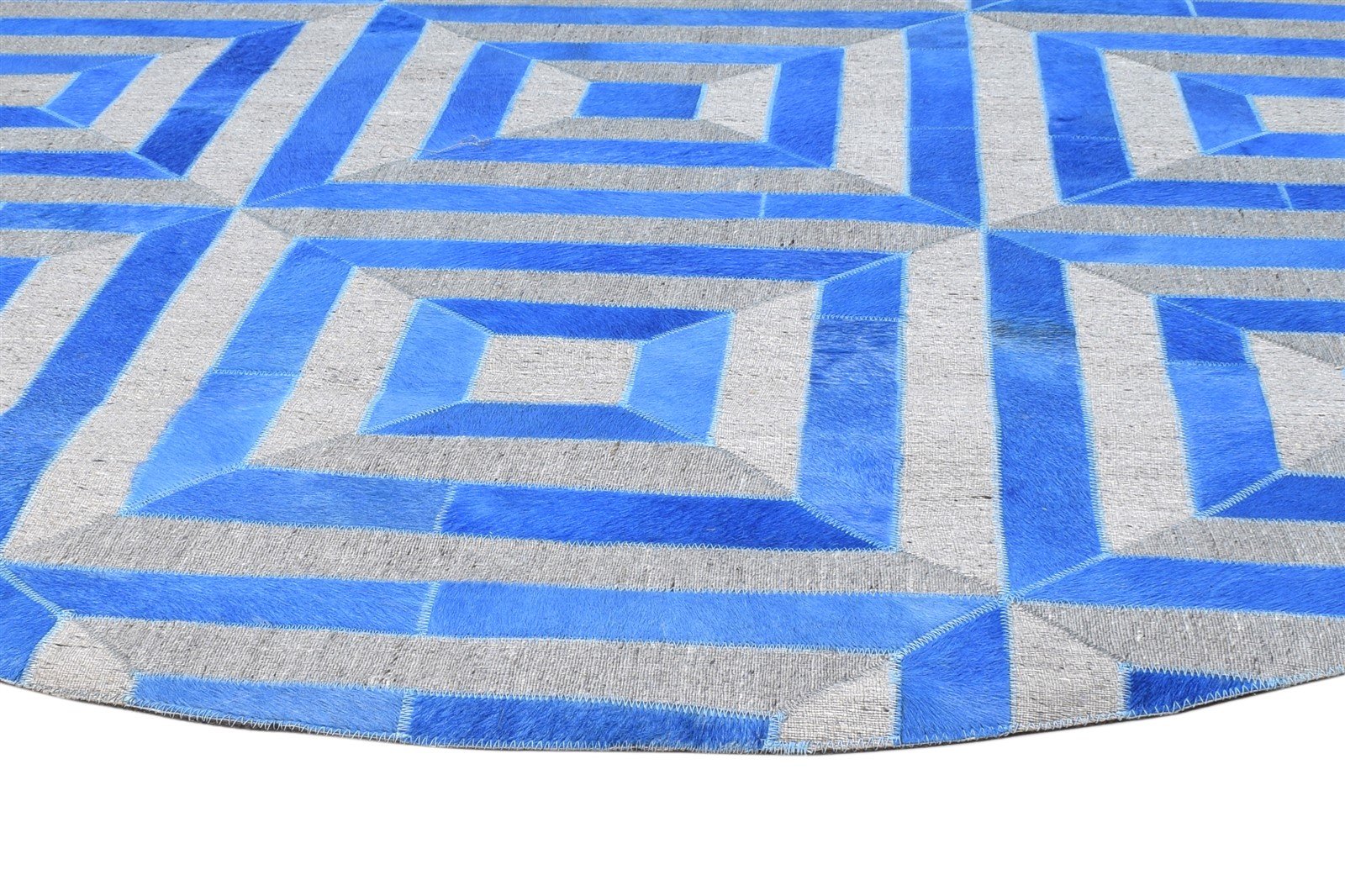 Blue Leather / Cotton Rug 6X6 Modern Hand Woven Moroccan Diamond Room Size Round 