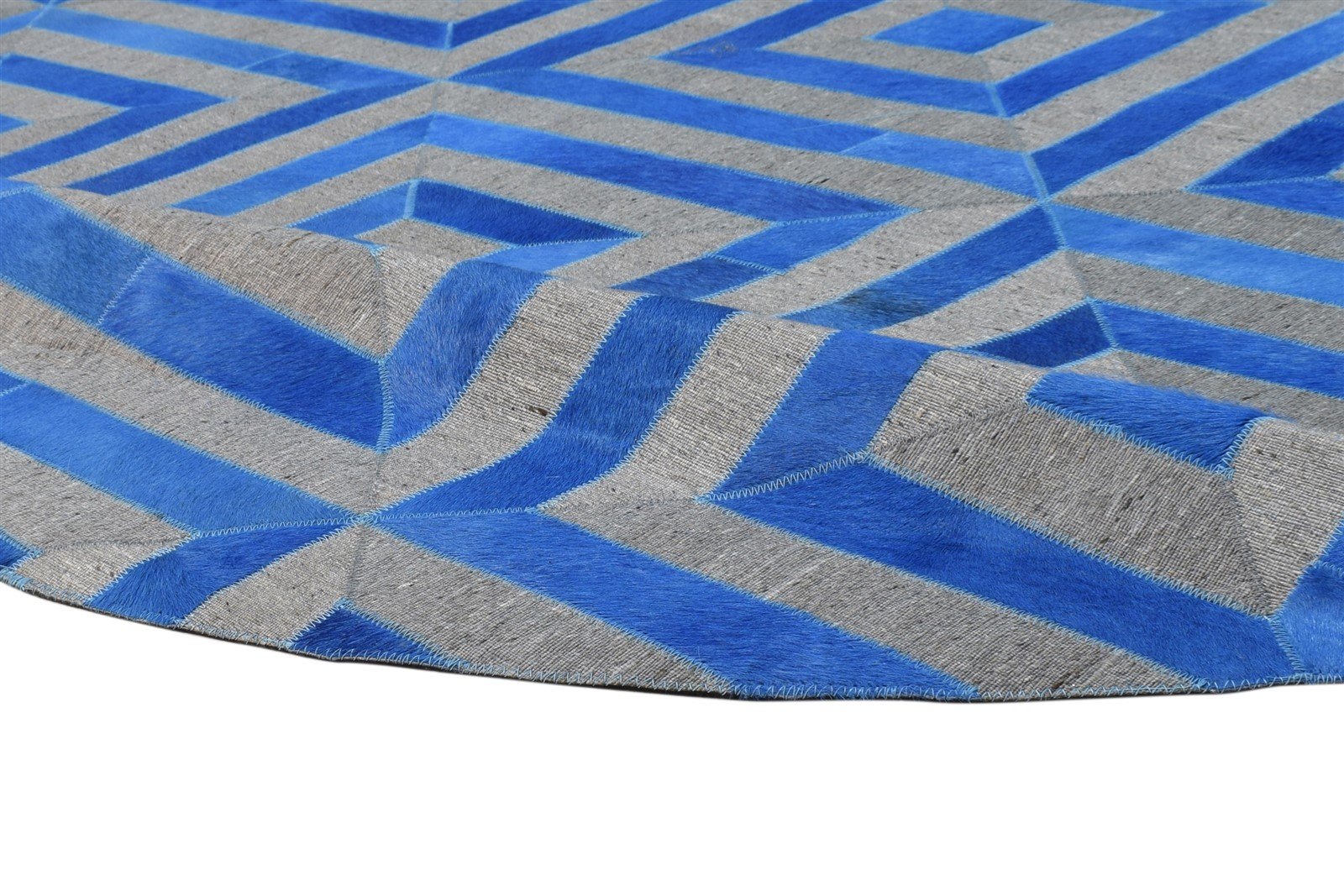 Blue Leather / Cotton Rug 6X6 Modern Hand Woven Moroccan Diamond Room Size Round 