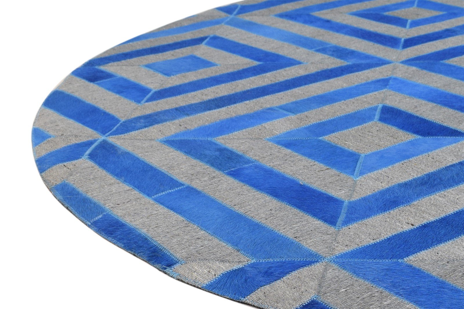 Blue Leather / Cotton Rug 6X6 Modern Hand Woven Moroccan Diamond Room Size Round 