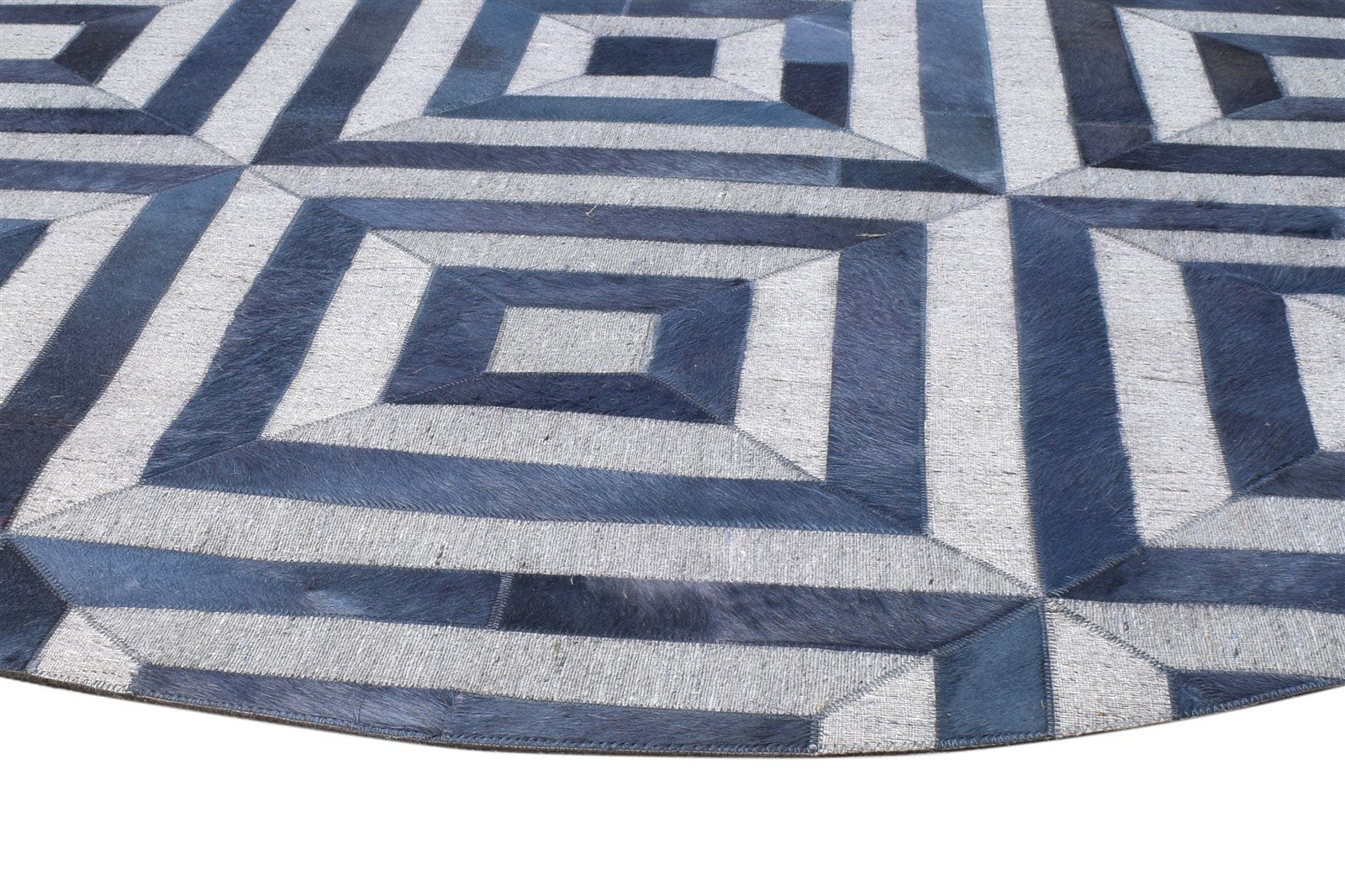 Hand Woven Blue Leather / Cotton Rug 6X6 Modern Moroccan Diamond Room Size Round 