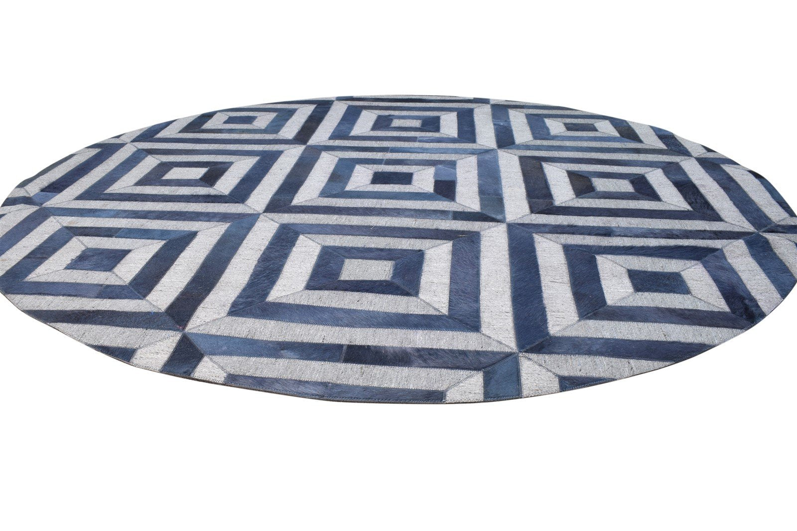 Hand Woven Blue Leather / Cotton Rug 6X6 Modern Moroccan Diamond Room Size Round 