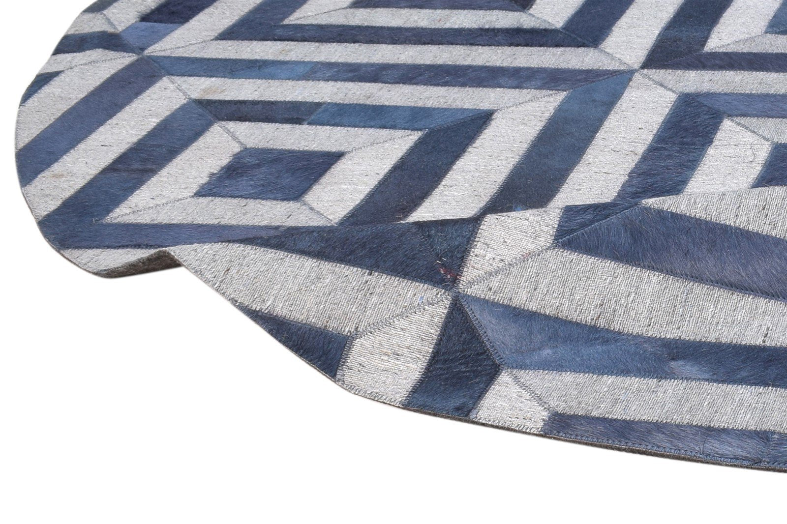 Hand Woven Blue Leather / Cotton Rug 6X6 Modern Moroccan Diamond Room Size Round 