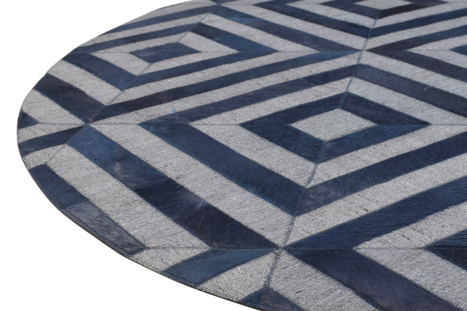 Hand Woven Blue Leather / Cotton Rug 6X6 Modern Moroccan Diamond Room Size Round 