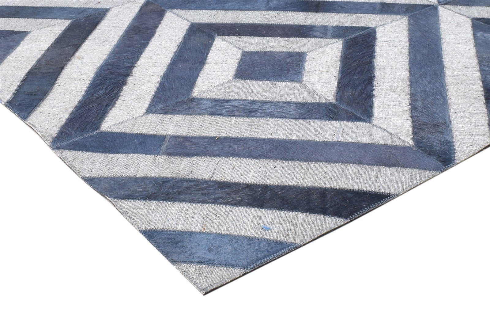 Blue Leather / Cotton Rug 6X6 Modern Hand Woven Moroccan Diamond Room Size 