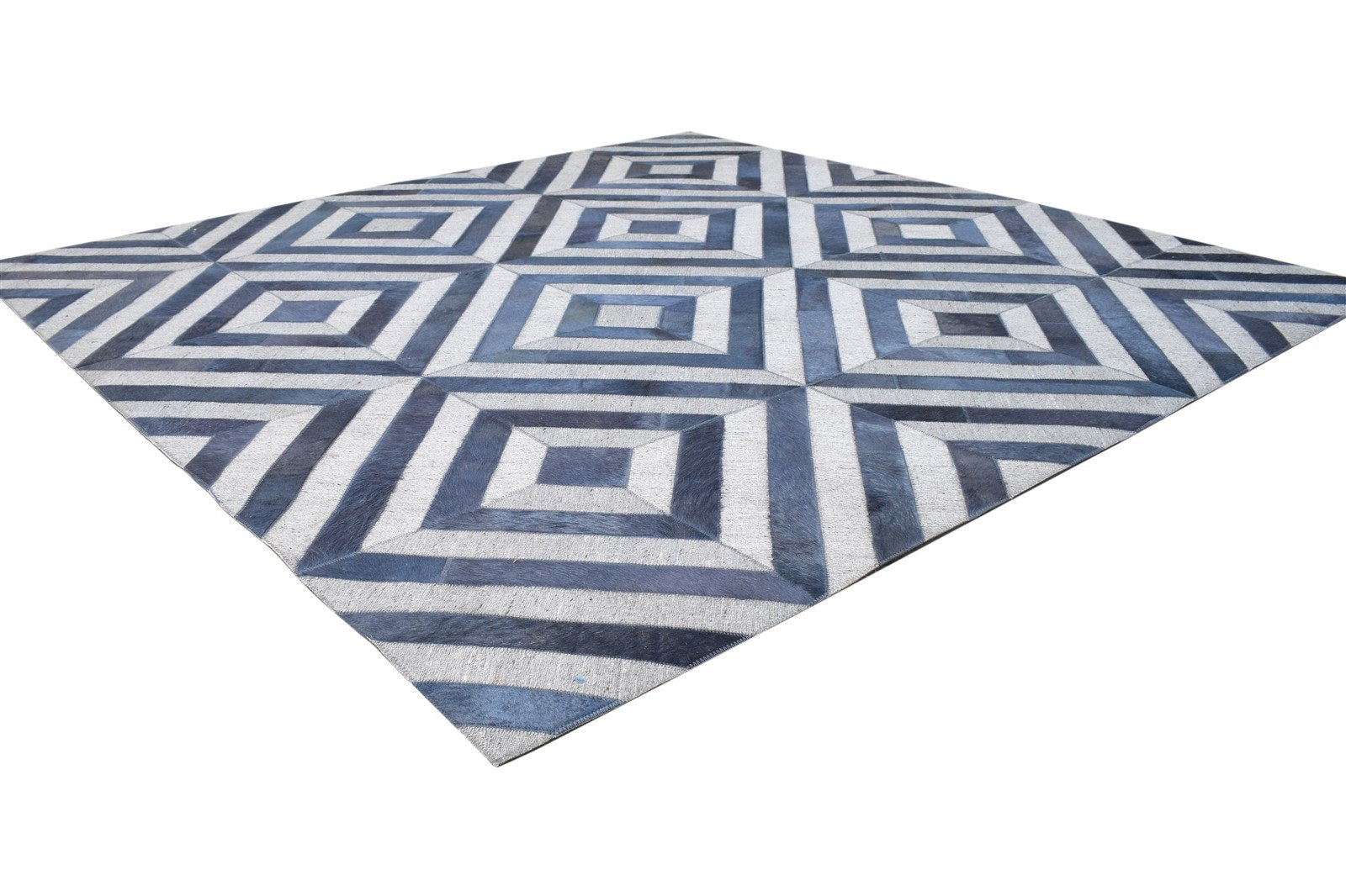 Blue Leather / Cotton Rug 6X6 Modern Hand Woven Moroccan Diamond Room Size 