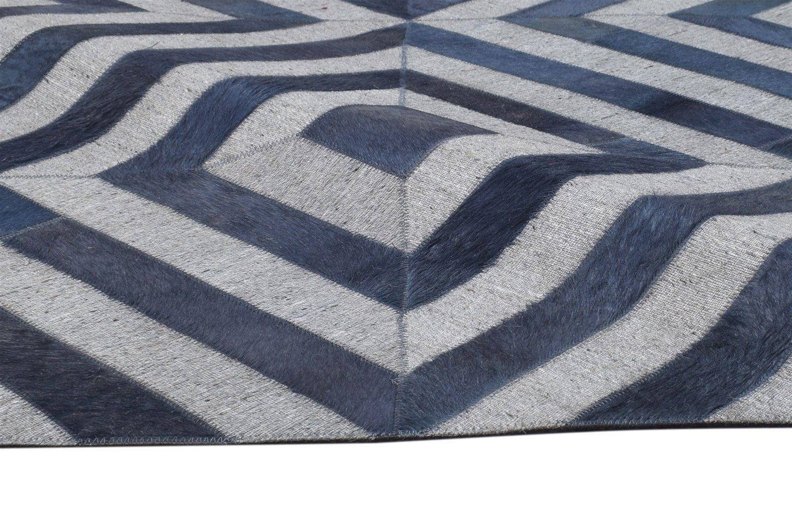 Blue Leather / Cotton Rug 6X6 Modern Hand Woven Moroccan Diamond Room Size 