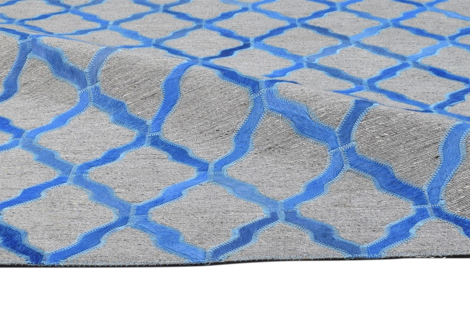 Blue Leather / Cotton Rug 6X6 Modern Hand Woven Moroccan Trellis Room Size 