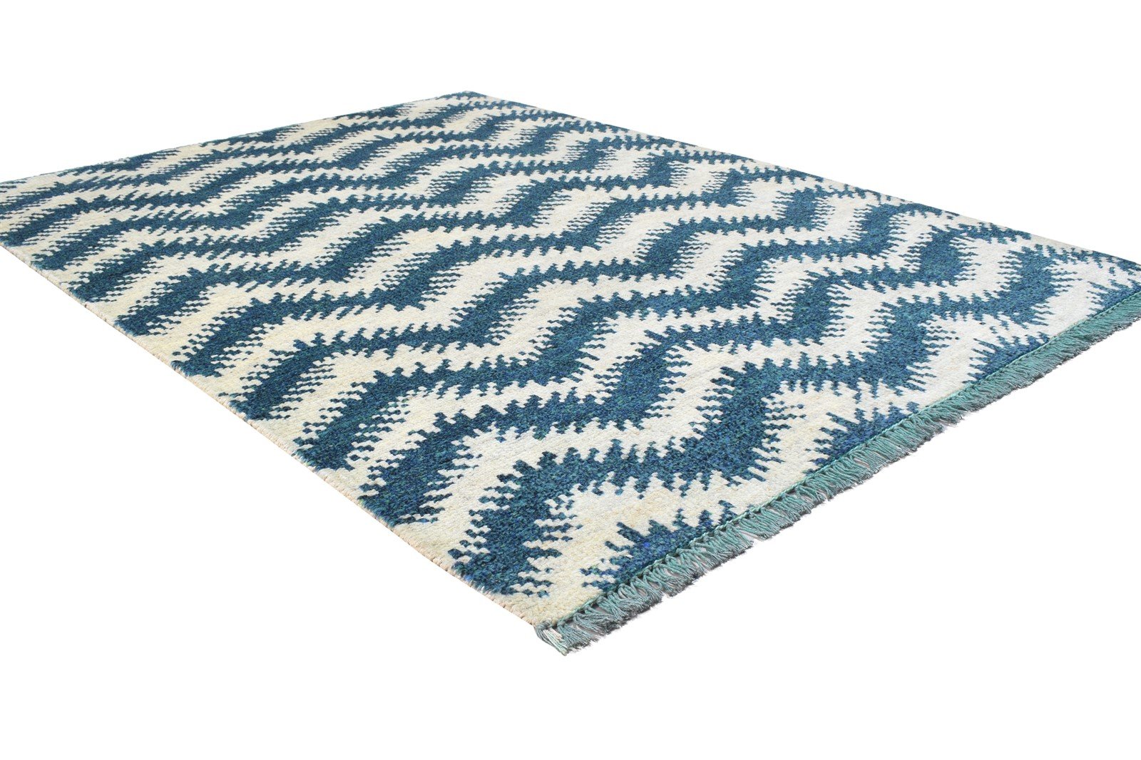 Wool Blue Rug 4' X 6' Modern Hand Knotted Scandinavian Chevron Room Size Carpet 