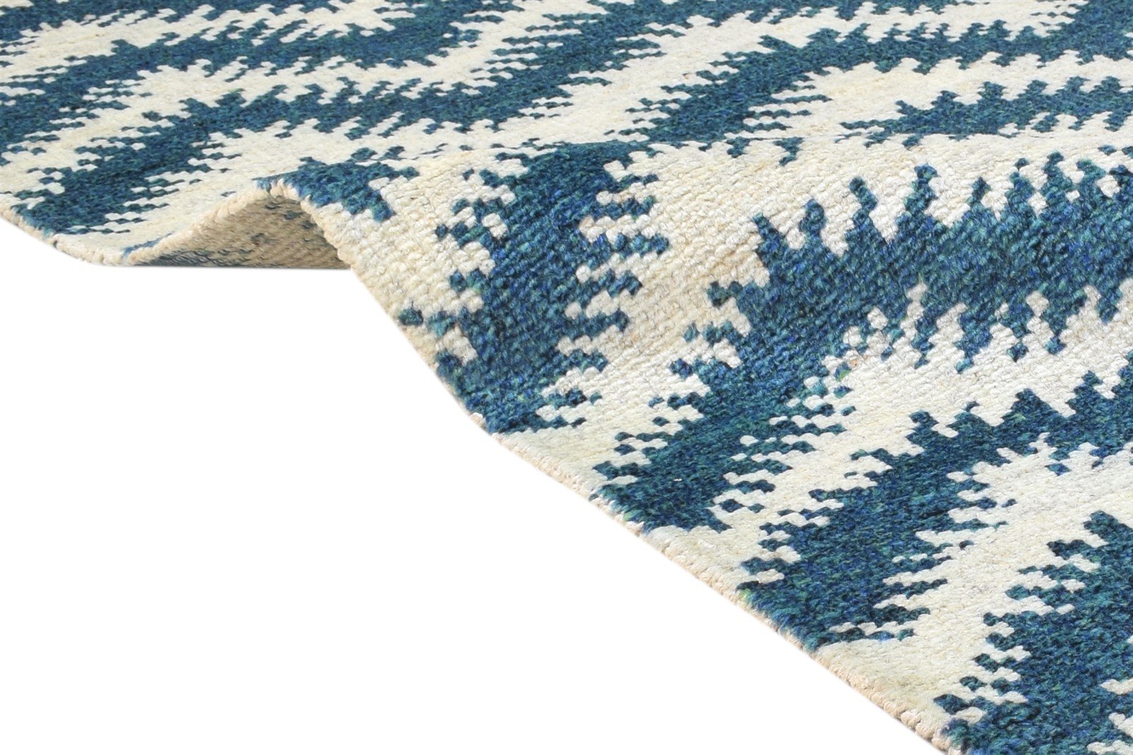 Wool Blue Rug 4' X 6' Modern Hand Knotted Scandinavian Chevron Room Size Carpet 