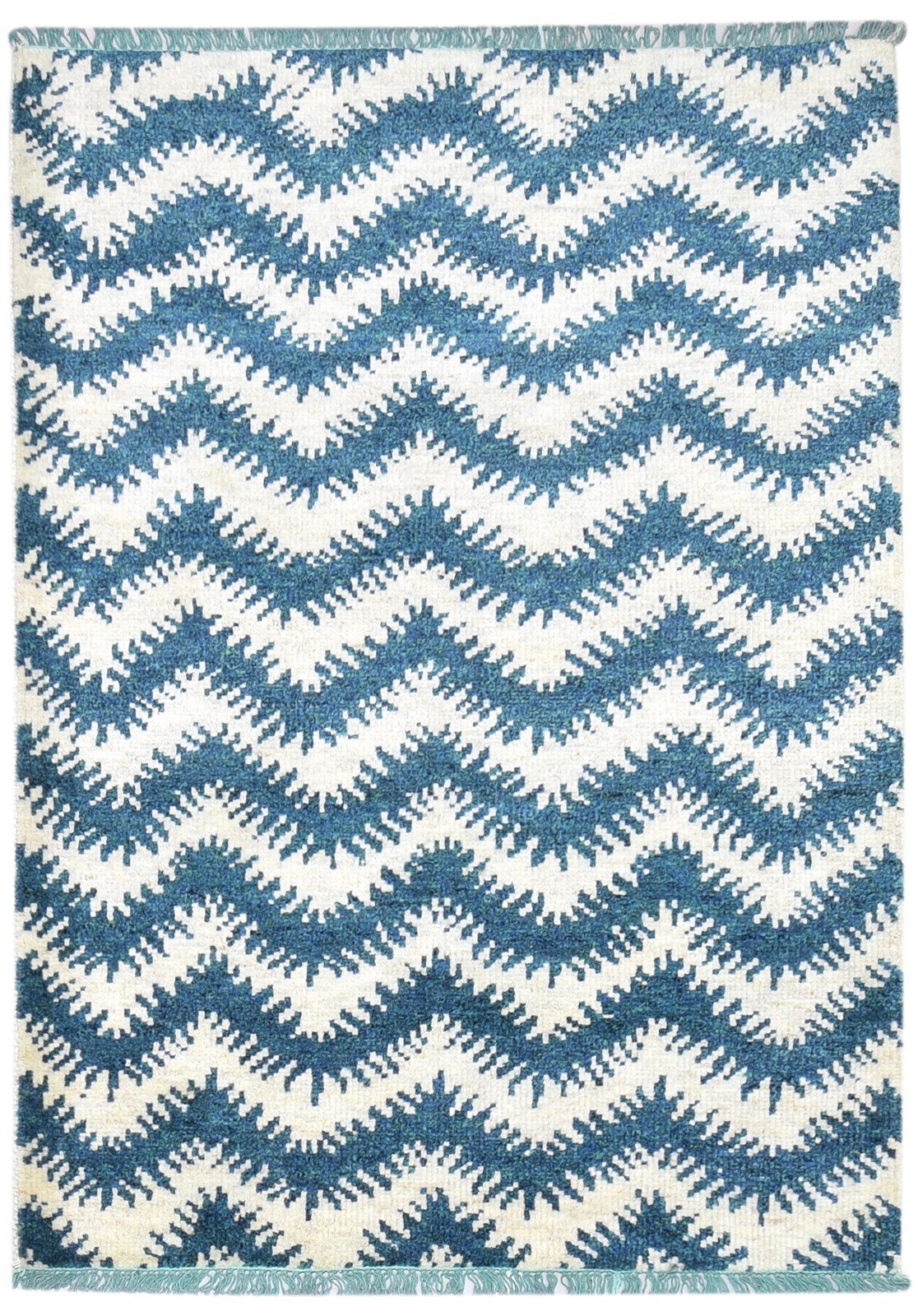 Wool Blue Rug 4' X 6' Modern Hand Knotted Scandinavian Chevron Room Size Carpet 