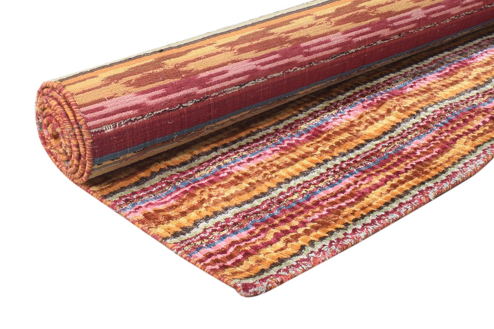 Handloom Red Silk Rug 5' X 8' Modern Bohemian Striped Room Size Carpet 