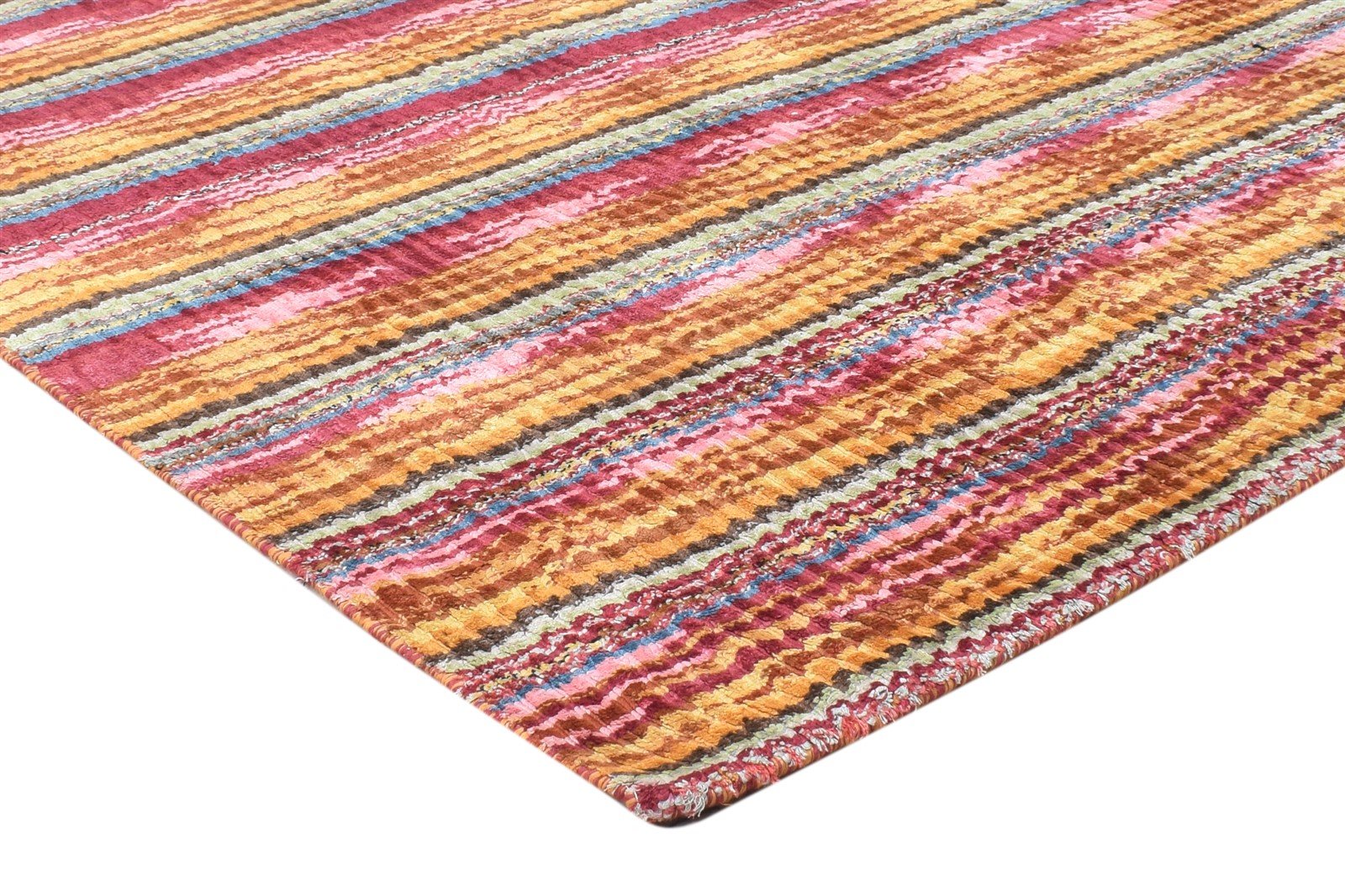 Handloom Red Silk Rug 5' X 8' Modern Bohemian Striped Room Size Carpet 