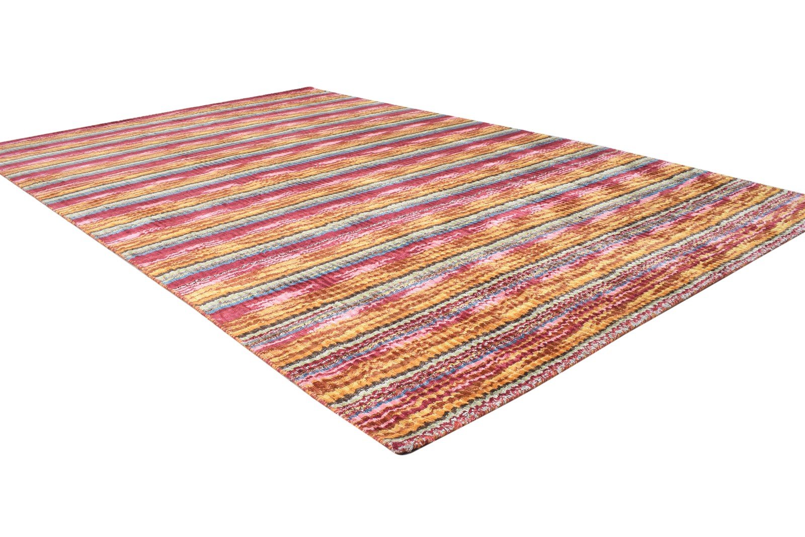 Handloom Red Silk Rug 5' X 8' Modern Bohemian Striped Room Size Carpet 