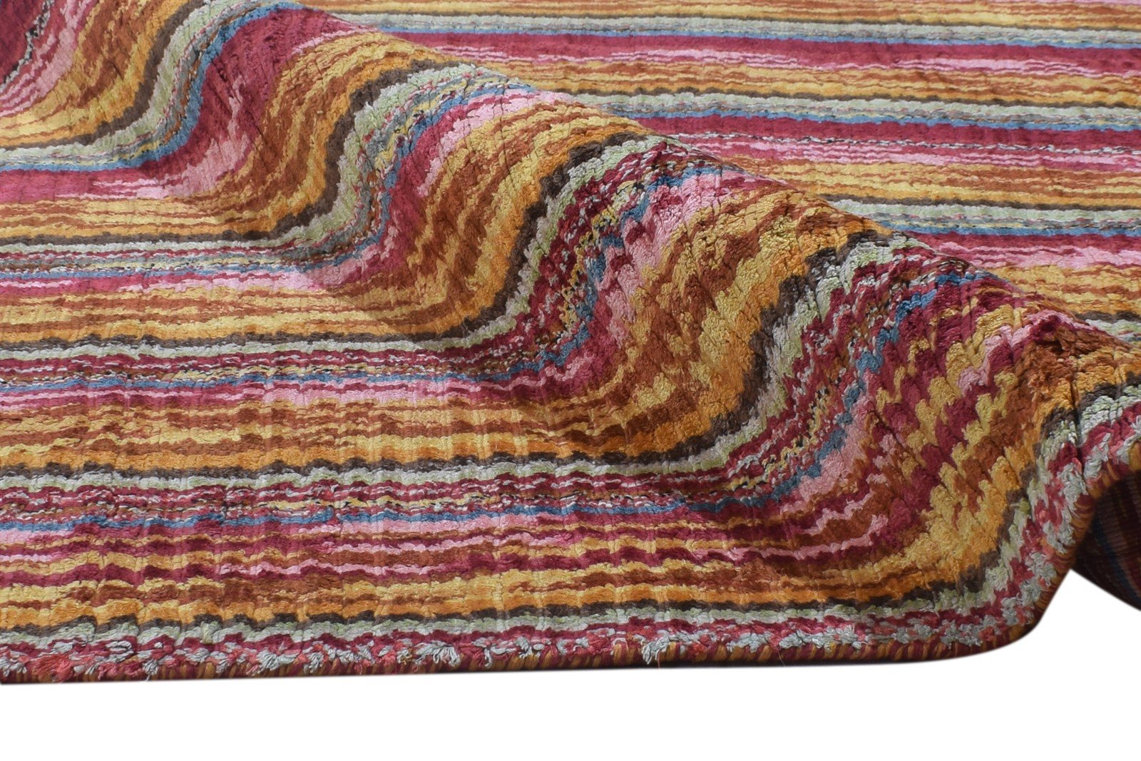 Handloom Red Silk Rug 5' X 8' Modern Bohemian Striped Room Size Carpet 